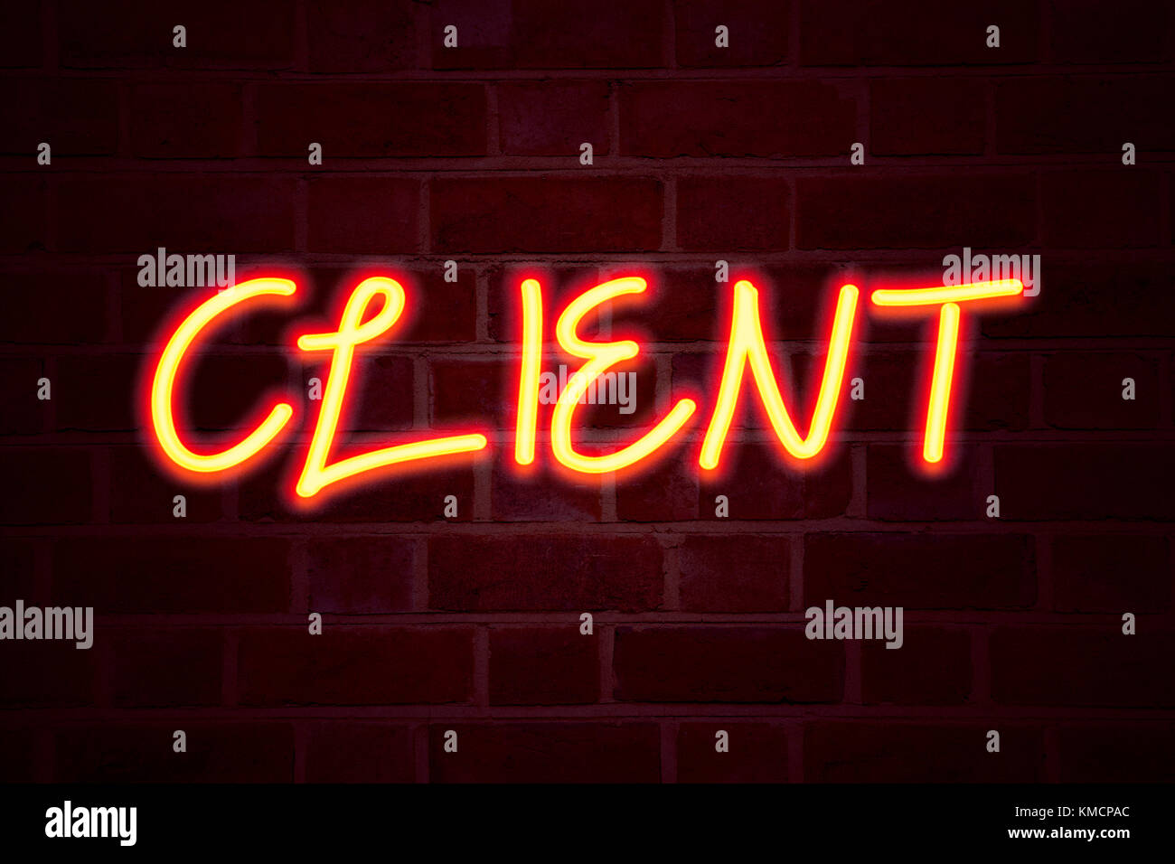 Client neon sign on brick wall background. Fluorescent Neon tube Sign