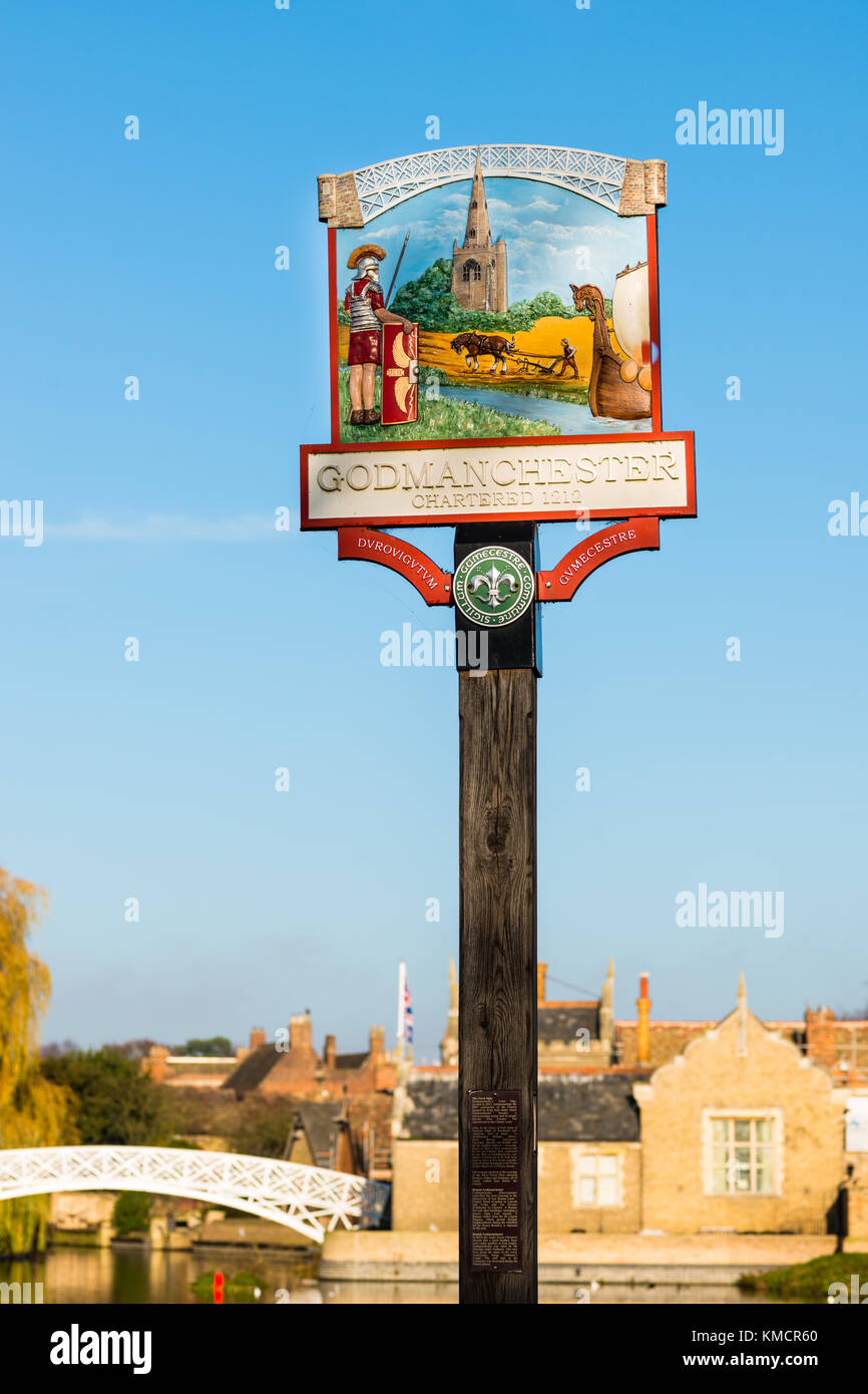 Godmanchester Town sign with Chinese bridge to the rear, Cambridgeshire, England, UK. Stock Photo