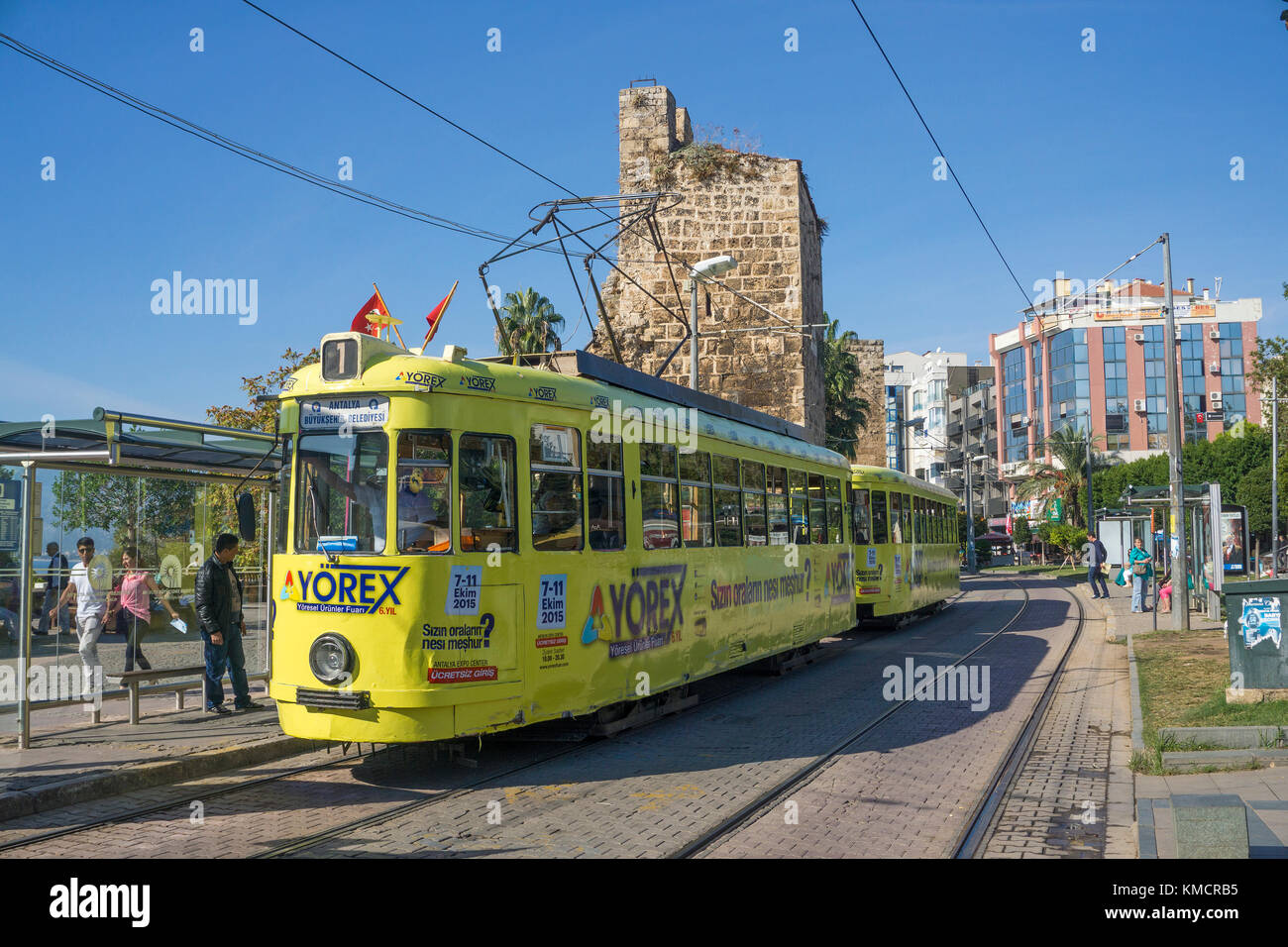Tramway Typ T4/B4 at Kalekapisi station, the tramways of Antalya was a present of the german twin city Nuremberg, old town Kaleici, Antalya, Turkey Stock Photo