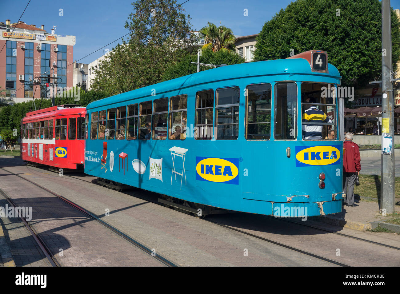 Tramway Typ T4/B4 at Kalekapisi station, the tramways of Antalya was a present of the german twin city Nuremberg, old town Kaleici, Antalya, Turkey Stock Photo