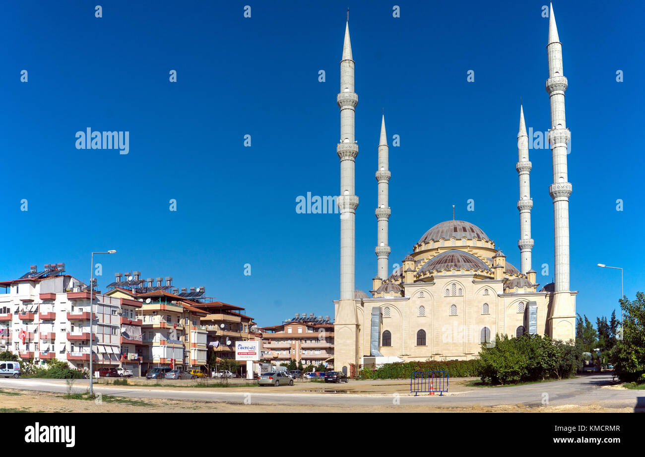 Kuelliye mosque with four minaretts at Manavgat, Province Antalya, Turkey Stock Photo
