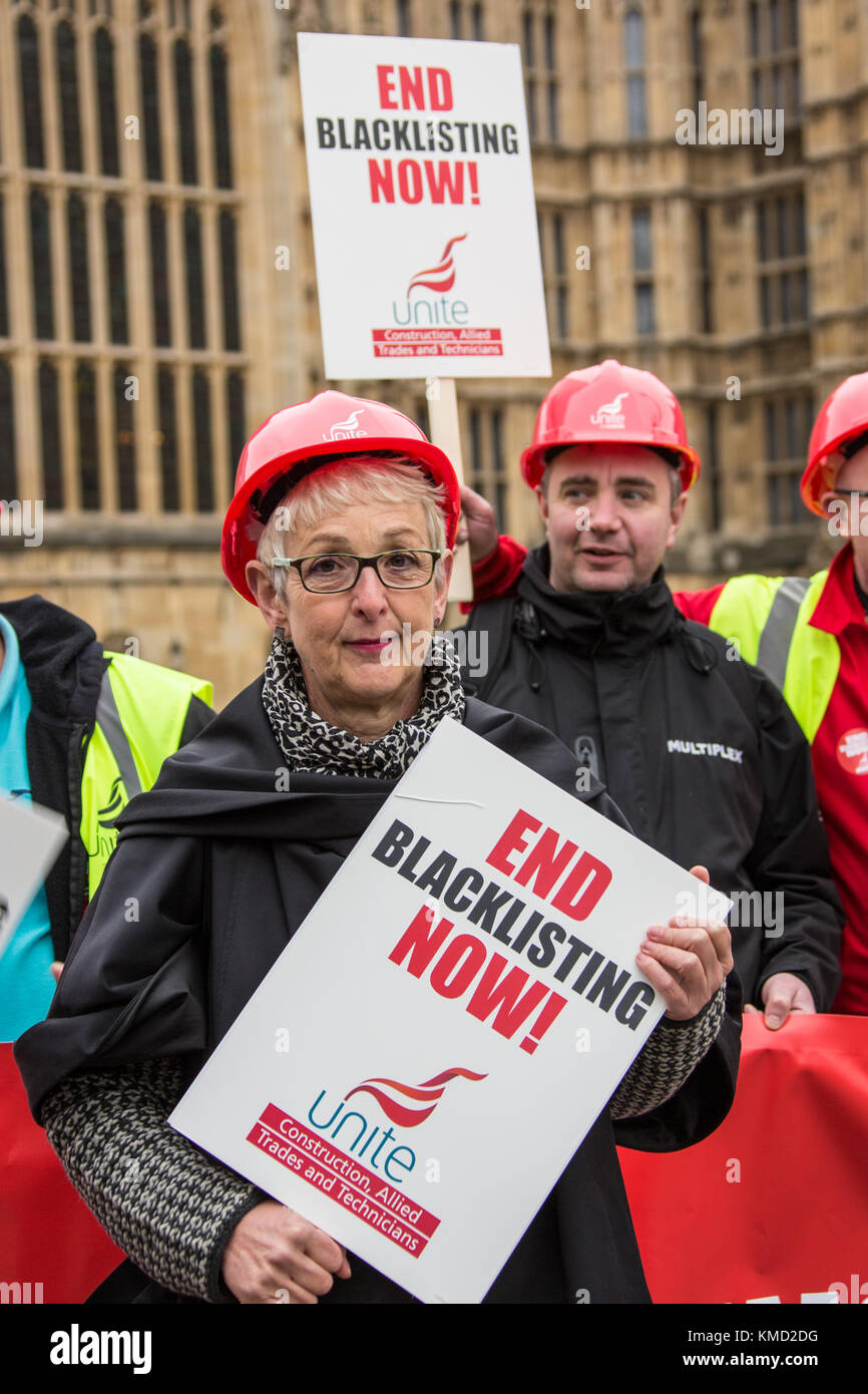 London,UK. 6 December 2017. Trade Unionists including Gail Cartmail, Assistant General Secretary of the trade union Unite, joined the call to demand a public inquiry into blacklisting and to create new laws preventing guilty companies from bidding for public sector contracts. David Rowe/Alamy Live News. Stock Photo