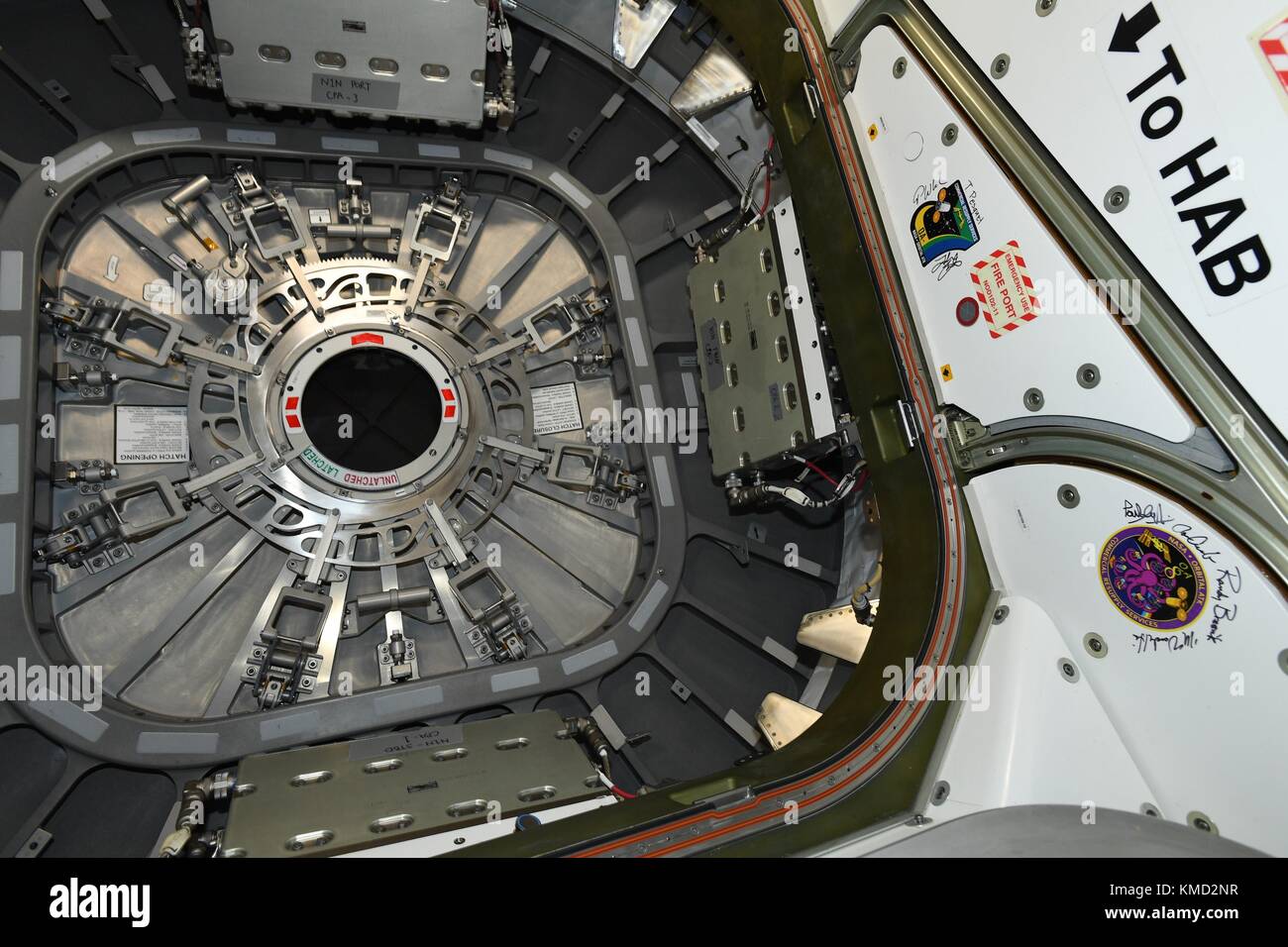 The hatch of the Orbital ATK Cygnus cargo spacecraft is closed and prepared for departure from the International Space Station December 6, 2017 in Earth Orbit. Cygnus after release will deployed 14 CubeSats from the NanoRacks deployer and will later be burned up on destructive reentry in the Earth atmosphere. Stock Photo