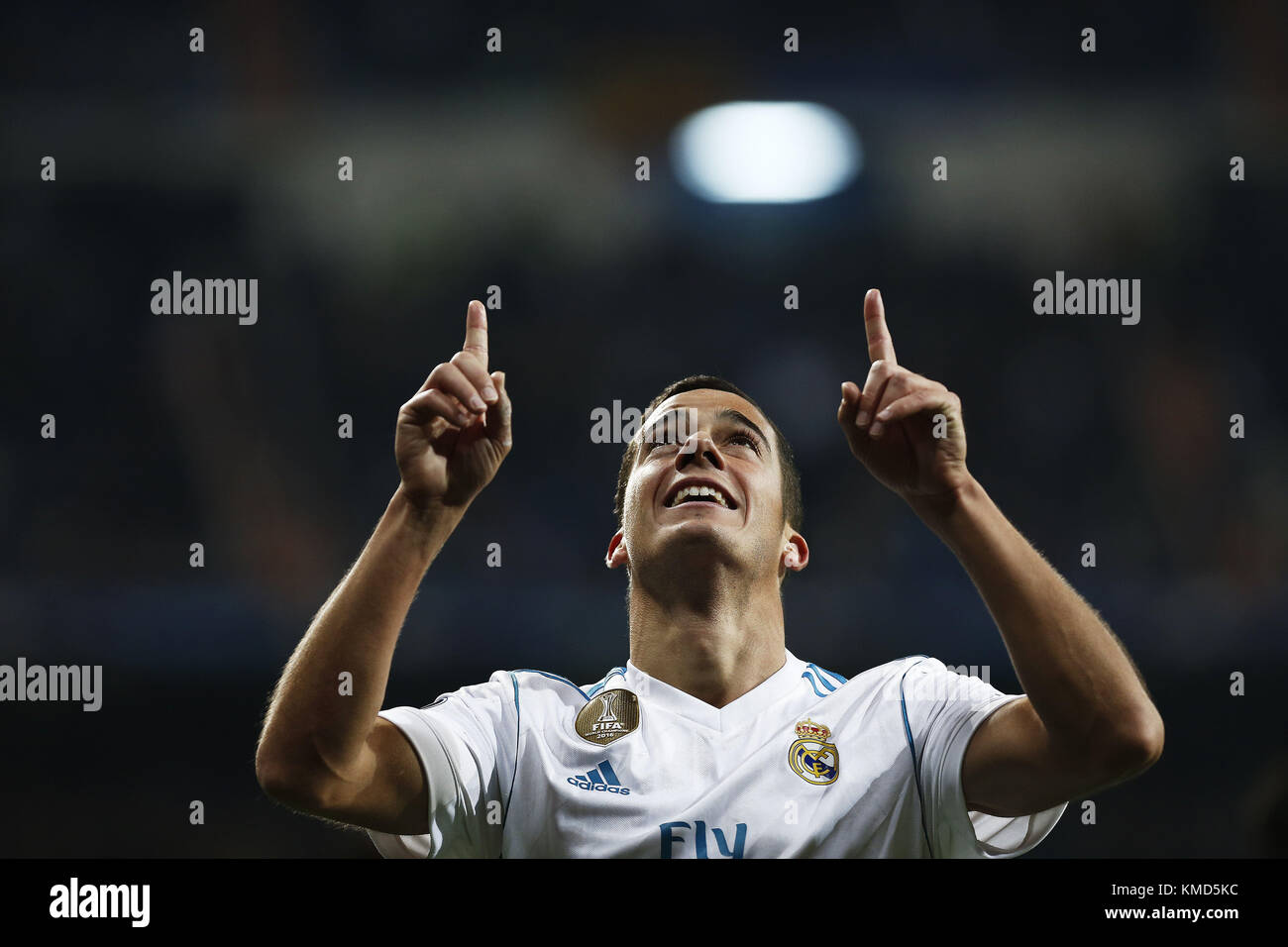 Madrid, Spain. 6th Dec, 2017. Lucas Vazquez of Real Madrid celebrates after scoring a goal to make it 3-2 during the UEFA Champions League group H match between Real Madrid and Borussia Dortmund at Santiago Bernabéu. Credit: Manu reino/SOPA/ZUMA Wire/Alamy Live News Stock Photo