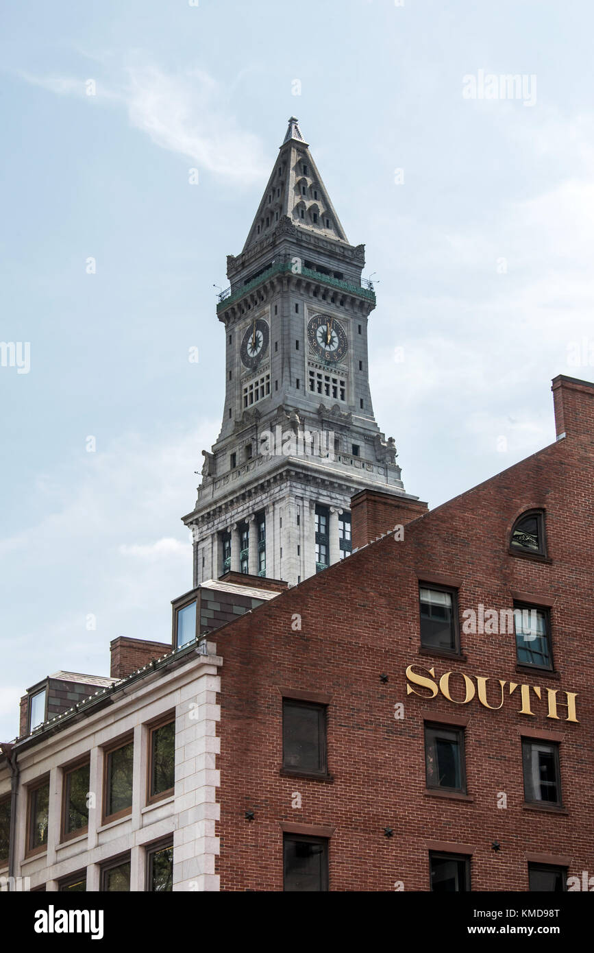 View of the historic Custom House skyscraper clock tower in skyline of