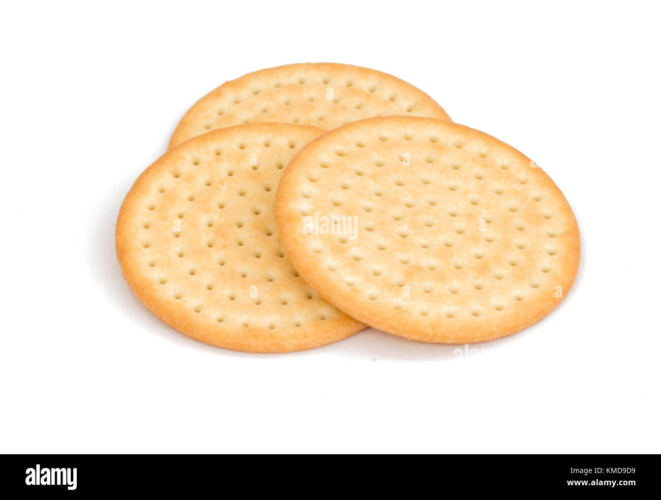 Three Round Generic snack cracker biscuit isolated on white background Stock Photo