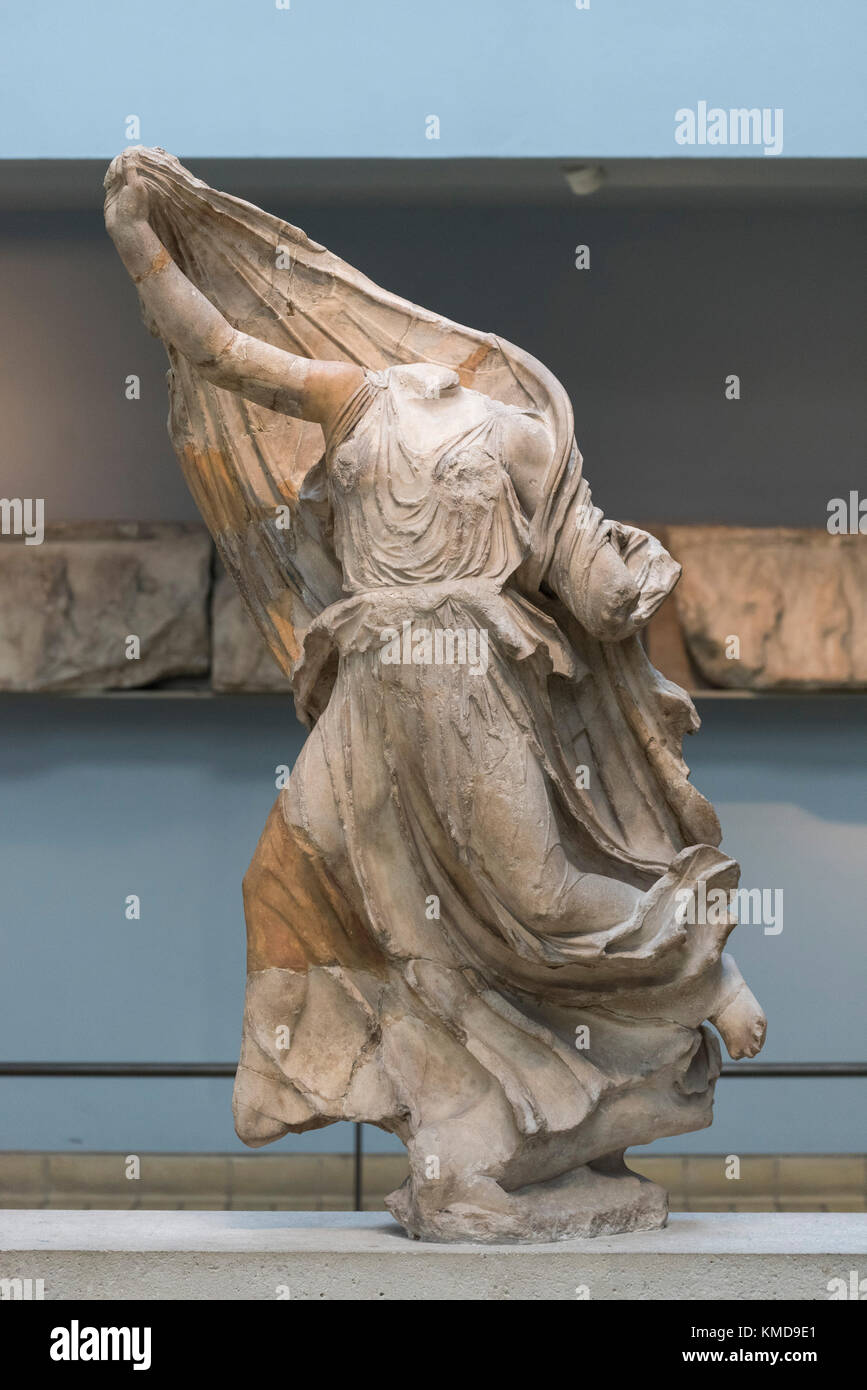 London. England. Sculpture of a Nereid, from the Nereid Monument in the British Museum, from Xanthos, Turkey, 390-380 B.C. Stock Photo