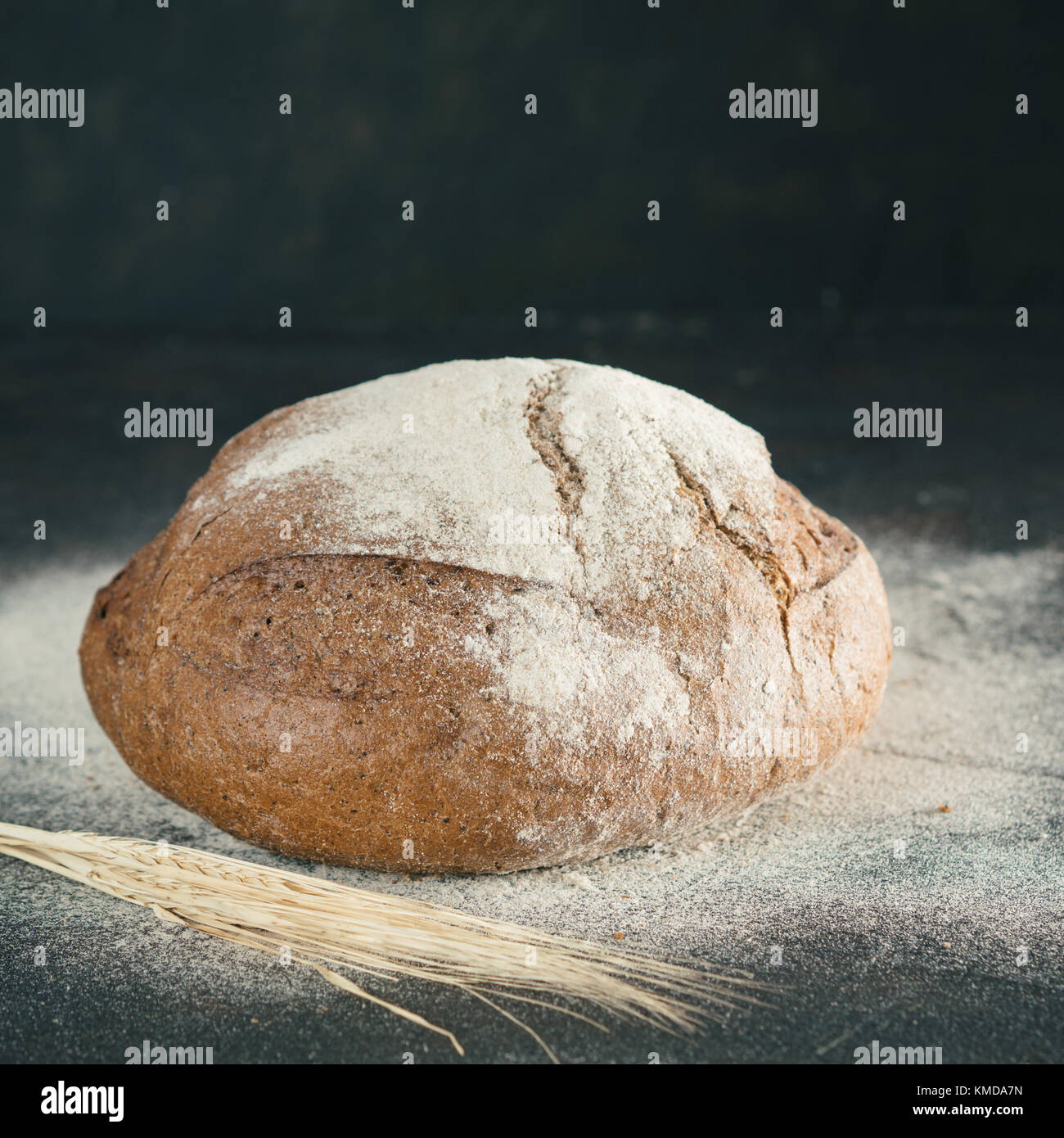 Whole homemade sourdough rye bread, copyspace Stock Photo