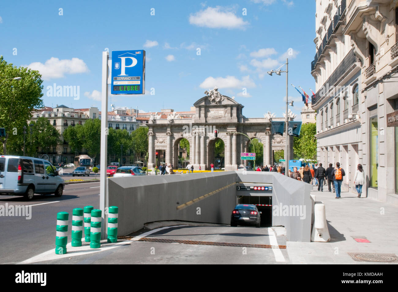 Underground car park in Alcala street and Alcala Gate. Madrid, Spain. Stock Photo