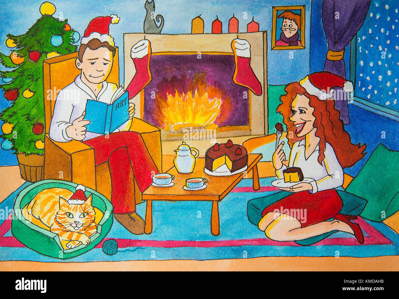 Young couple with their cat celebrating Christmas at home. Illustration. Stock Photo