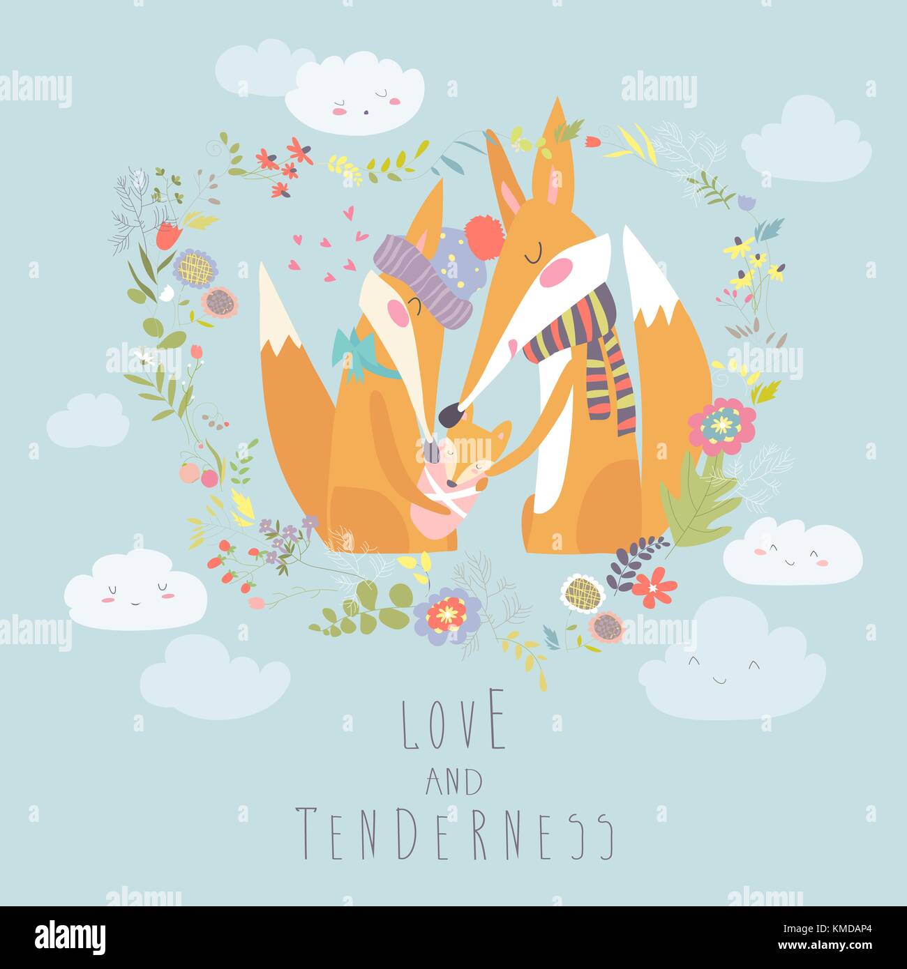 Loving fox family as a shape of a heart. Mother, father and baby child. Stock Vector