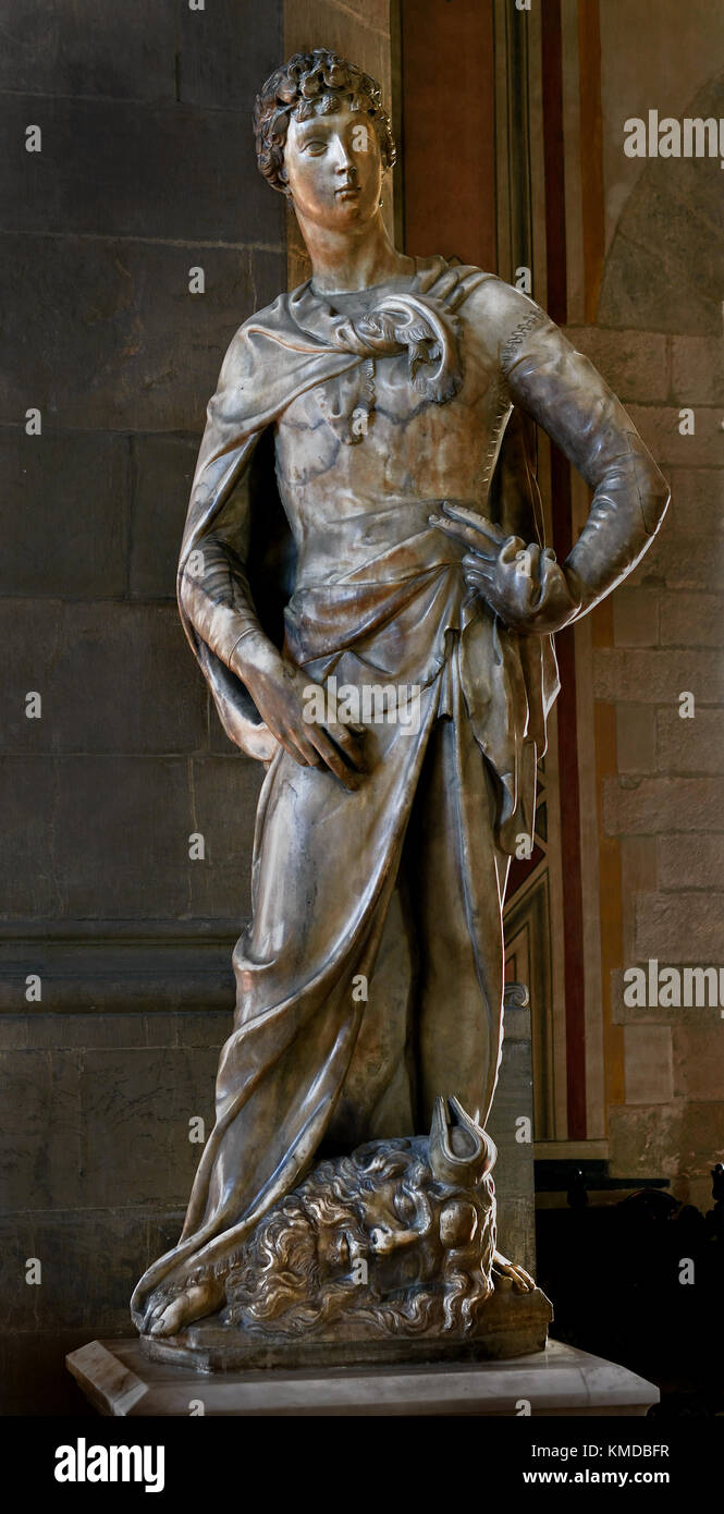 Marble statue of David by Donatello 1386-1466 , National Museum of Bargello , The Bargello, Palazzo del Bargello, Florence, Italy. Stock Photo