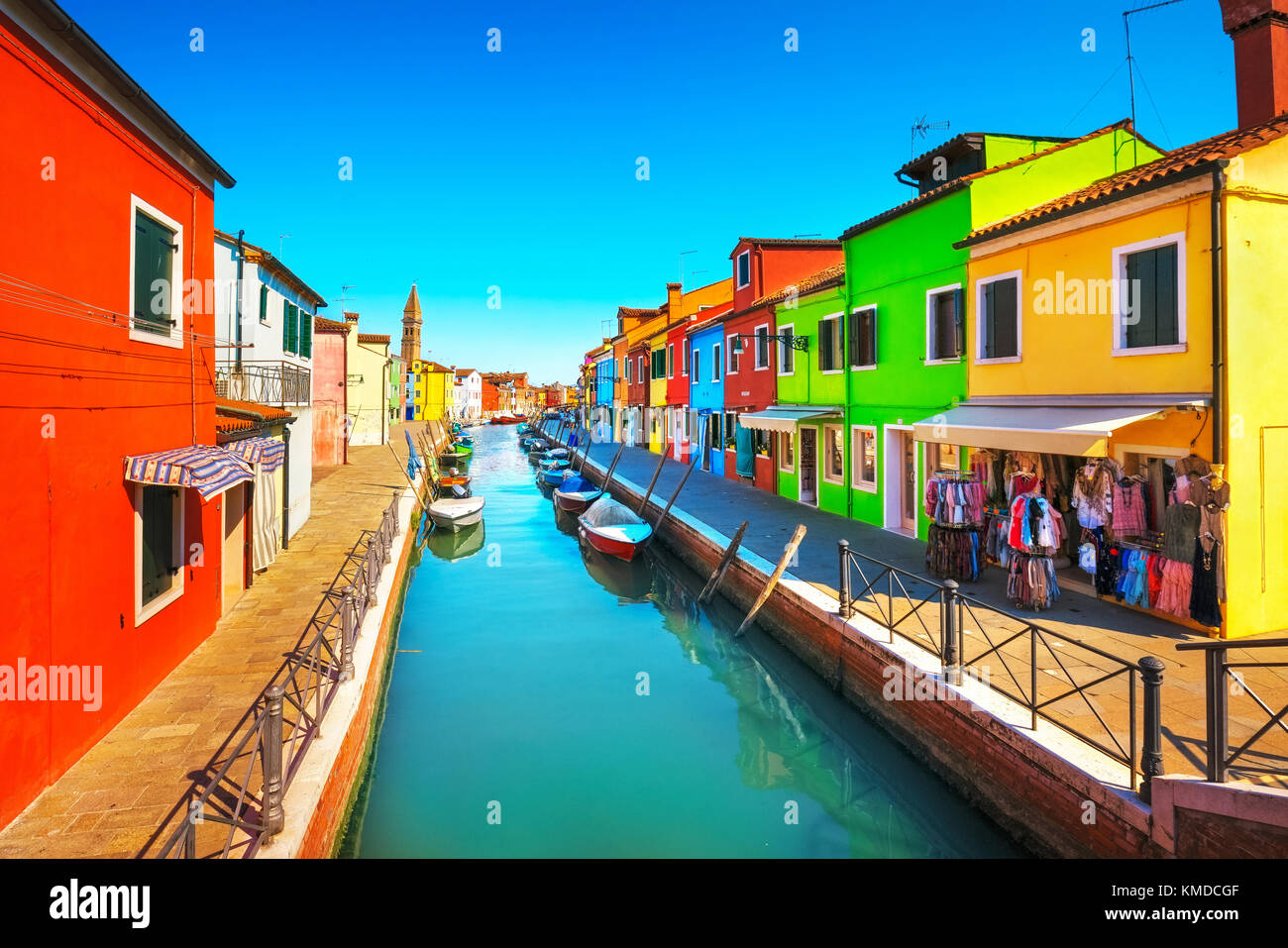 Venice landmark, Burano island canal, colorful houses and boats, Italy. Europe Stock Photo