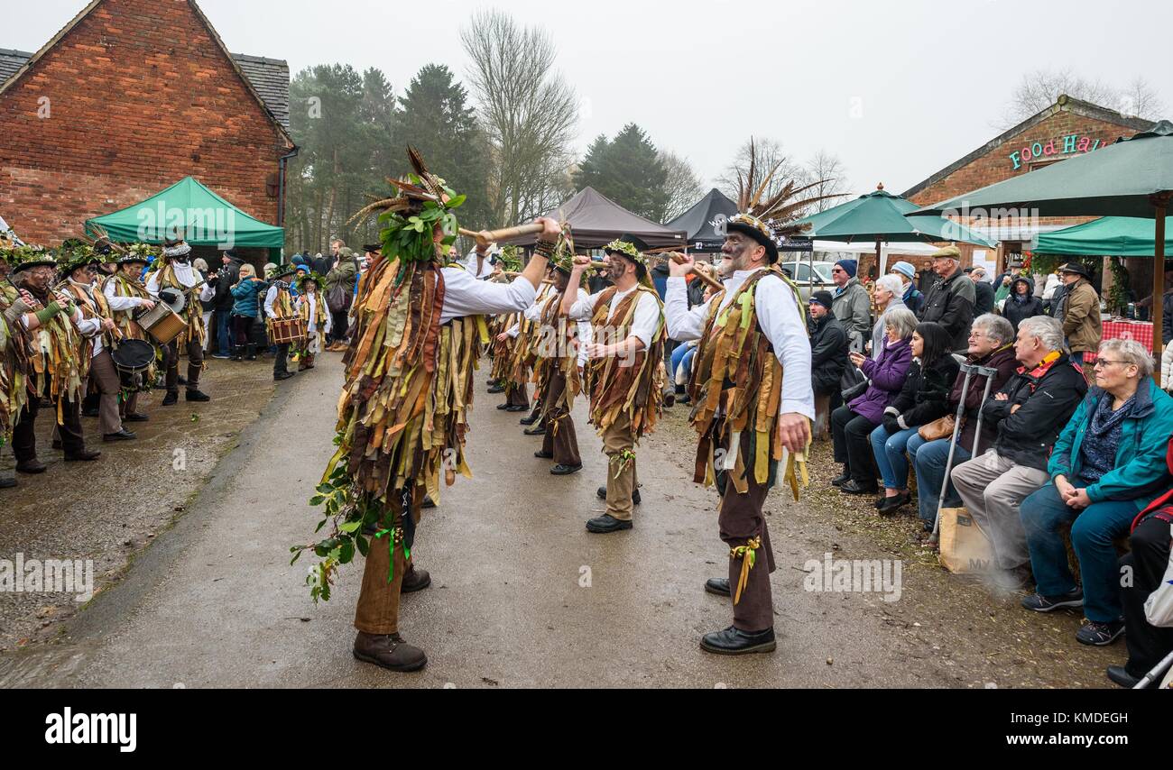 The Doomsday folk dancers performing at a Christmas farmers market at Rode Hall, Cheshire, Uk. Stock Photo