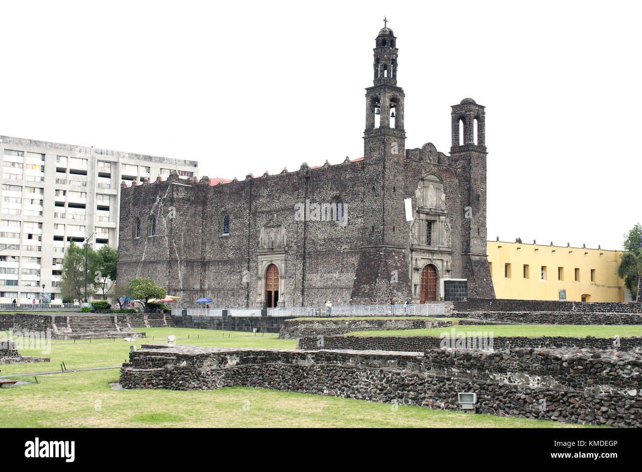 Mexico City, Mexico - 2017: Remains of Aztec temples and catholic church of Santiago de Tlatelolco at the Plaza de las Tres Culturas. Stock Photo