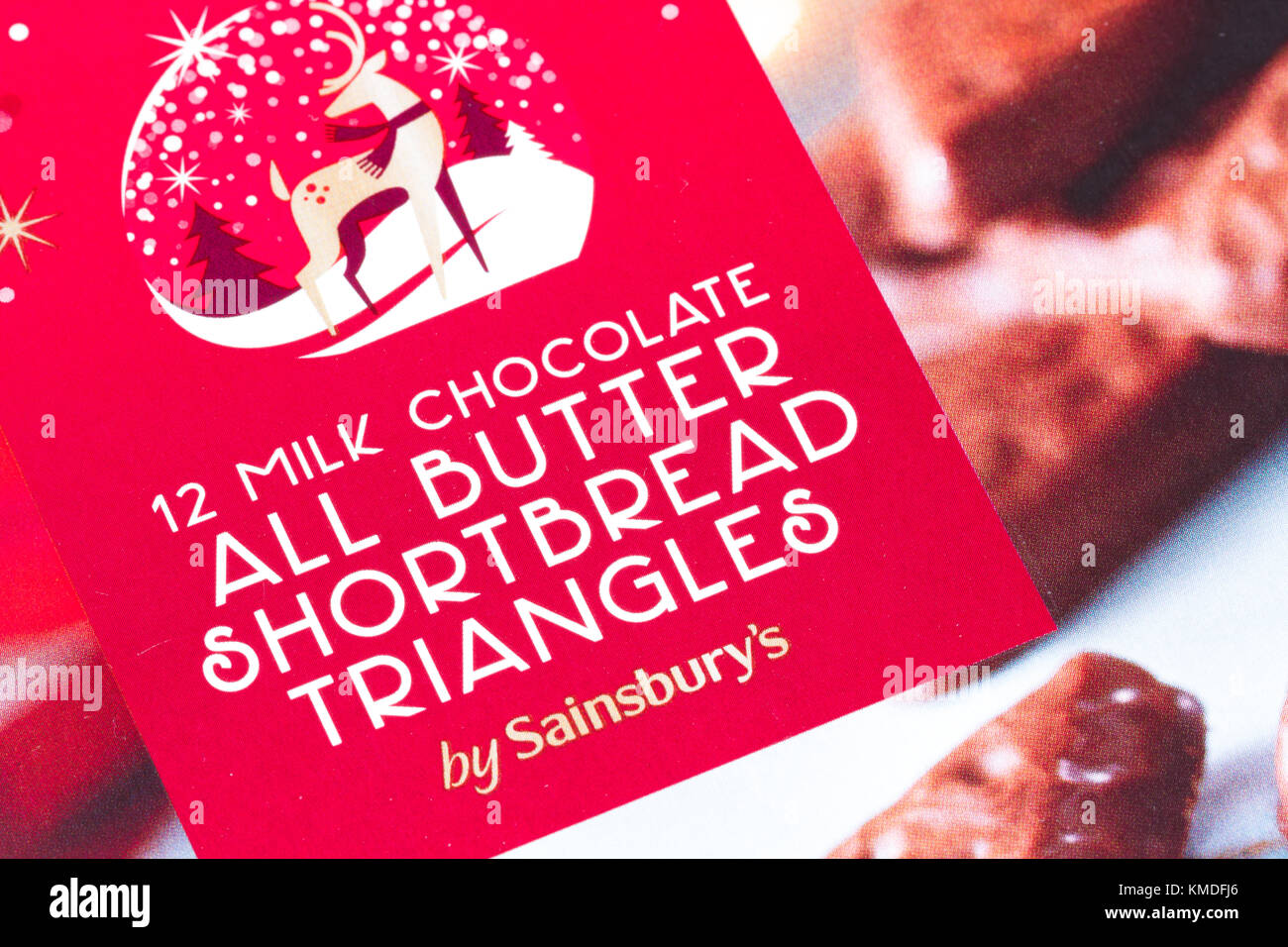 Close up of a box of Sainsbury's 12 milk chocolate all butter shortbread triangles Stock Photo