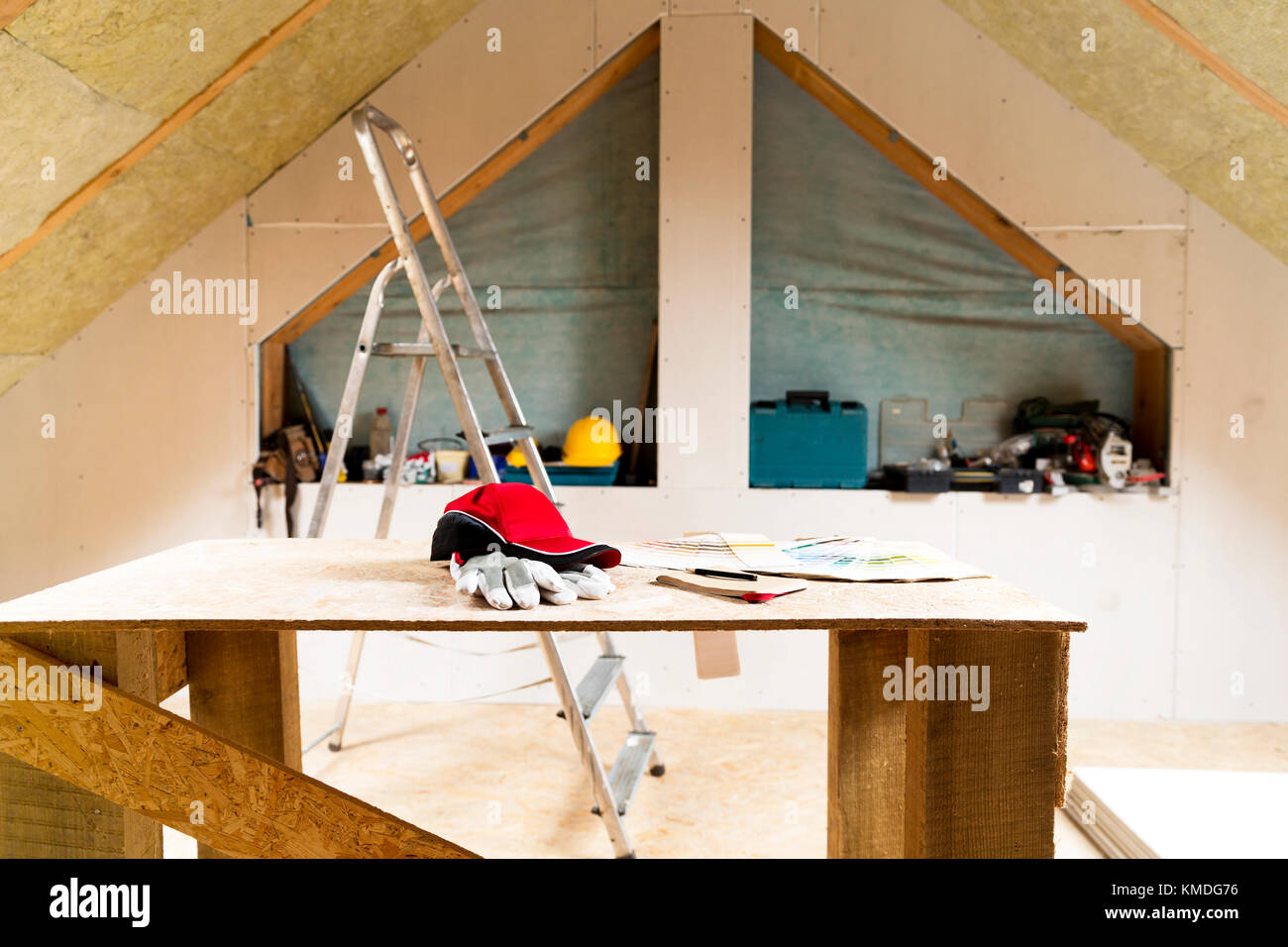 House Attic Under Construction Mansard Wall Insulation With Rock