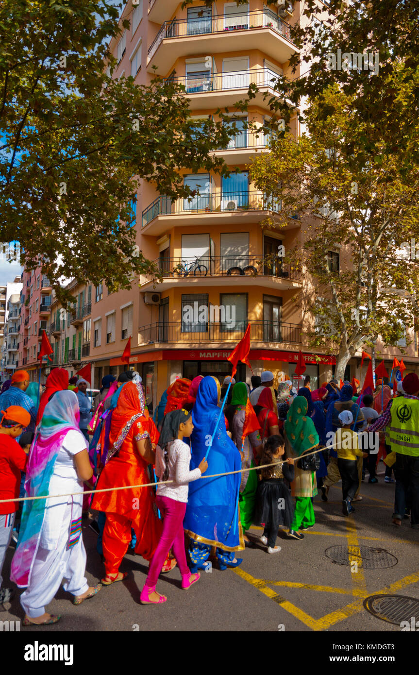 March and celebration of founder of Sikh religion, Guru Nanak Dev Ji, Palma, Mallorca, Balearic islands, Spain Stock Photo