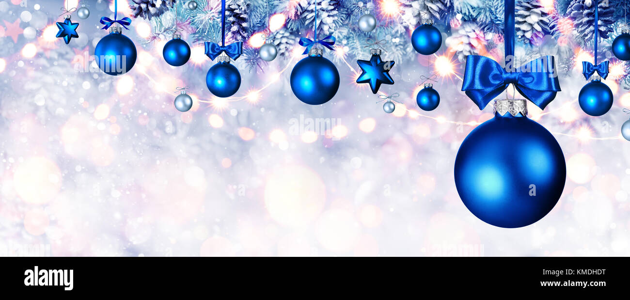 Blue Christmas Balls Hanging At Fir Branches Stock Photo