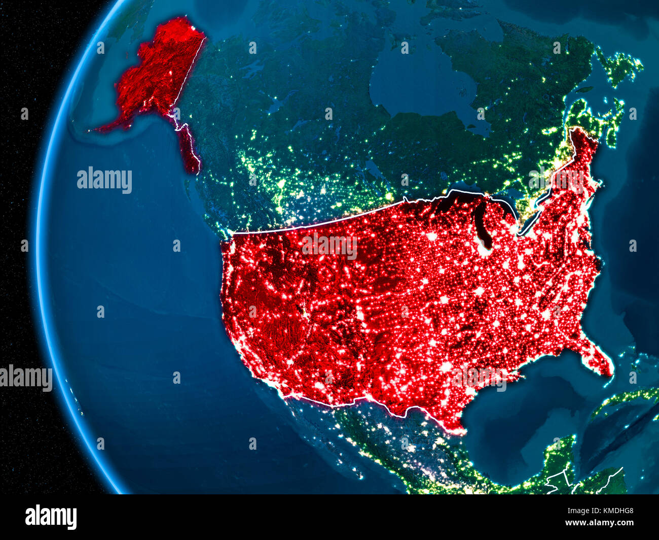 Space orbit view of USA highlighted in red on planet Earth at night ...
