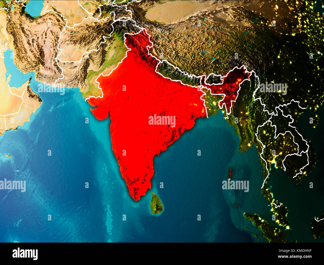 India Highlighted On World Map Hi Res Stock Photography And Images Alamy India In The Morning Highlighted In Red On Planet Earth With Visible KMDHNF