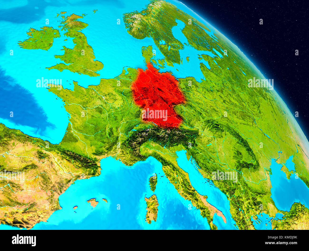 Space view of Germany highlighted in red on planet Earth. 3D illustration. Elements of this image furnished by NASA. Stock Photo