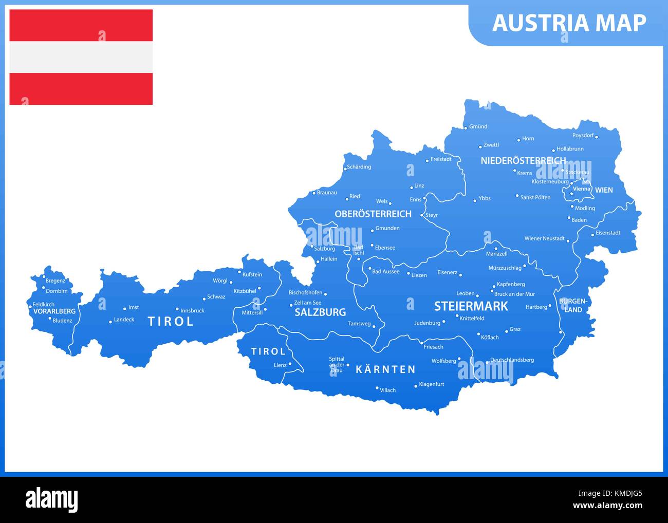 The detailed map of the Austria with regions or states and cities, capital, national flag Stock Vector