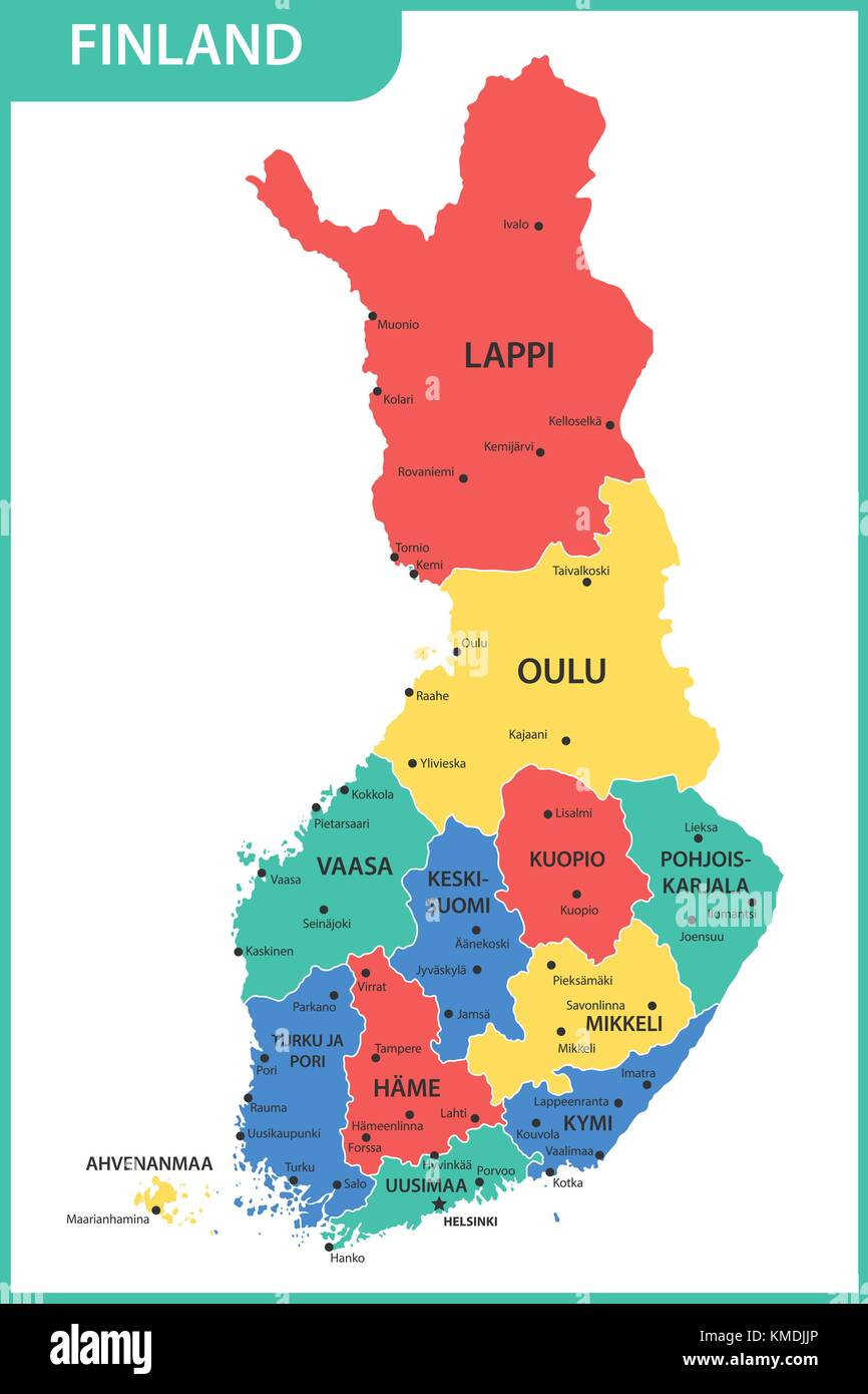 The detailed map of the Finland with regions or states and cities, capitals Stock Vector