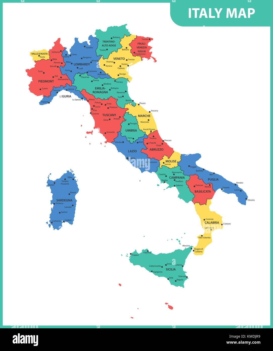 The detailed map of the Italy with regions or states and cities, capital Stock Vector