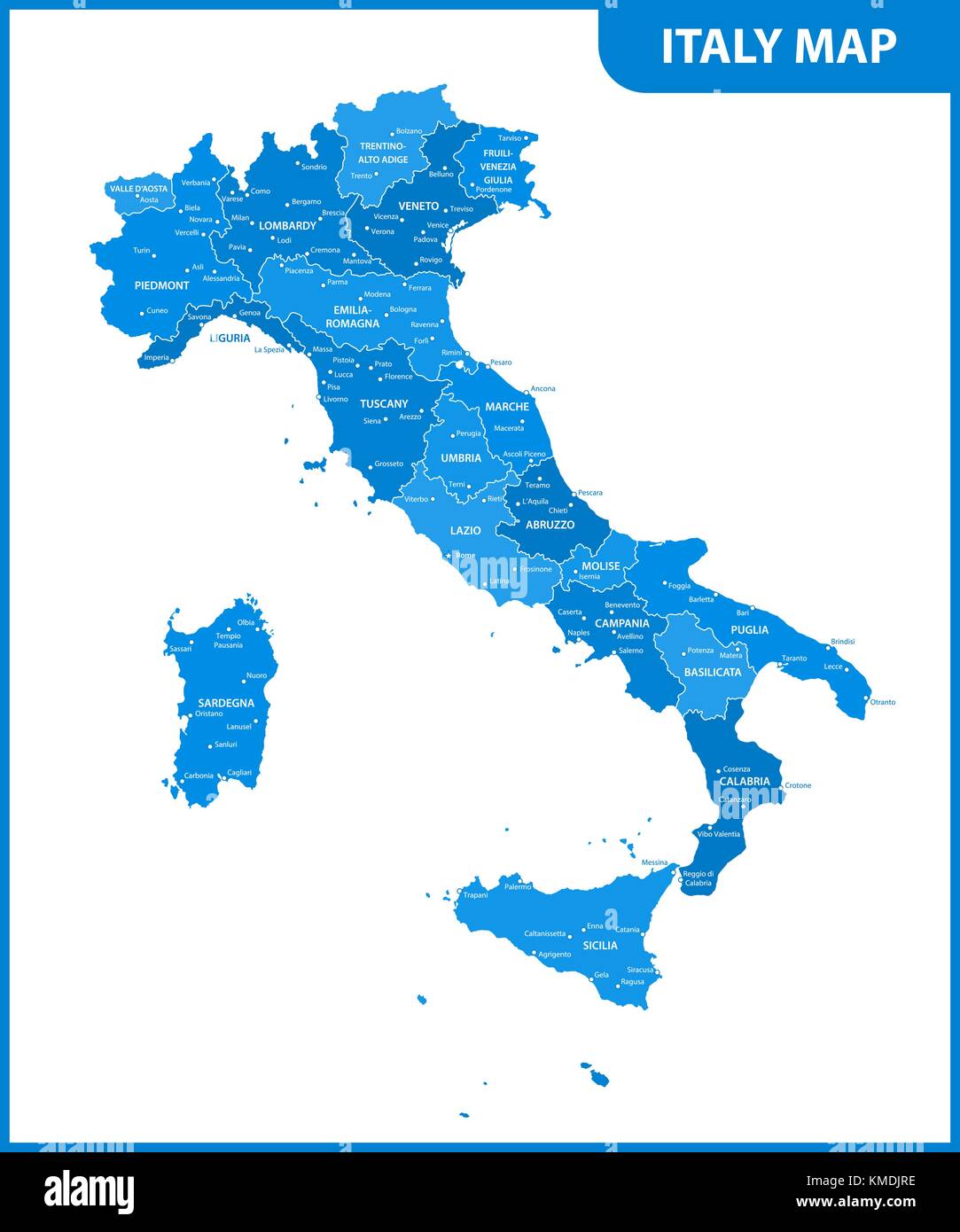 The detailed map of the Italy with regions or states and cities, capital Stock Vector