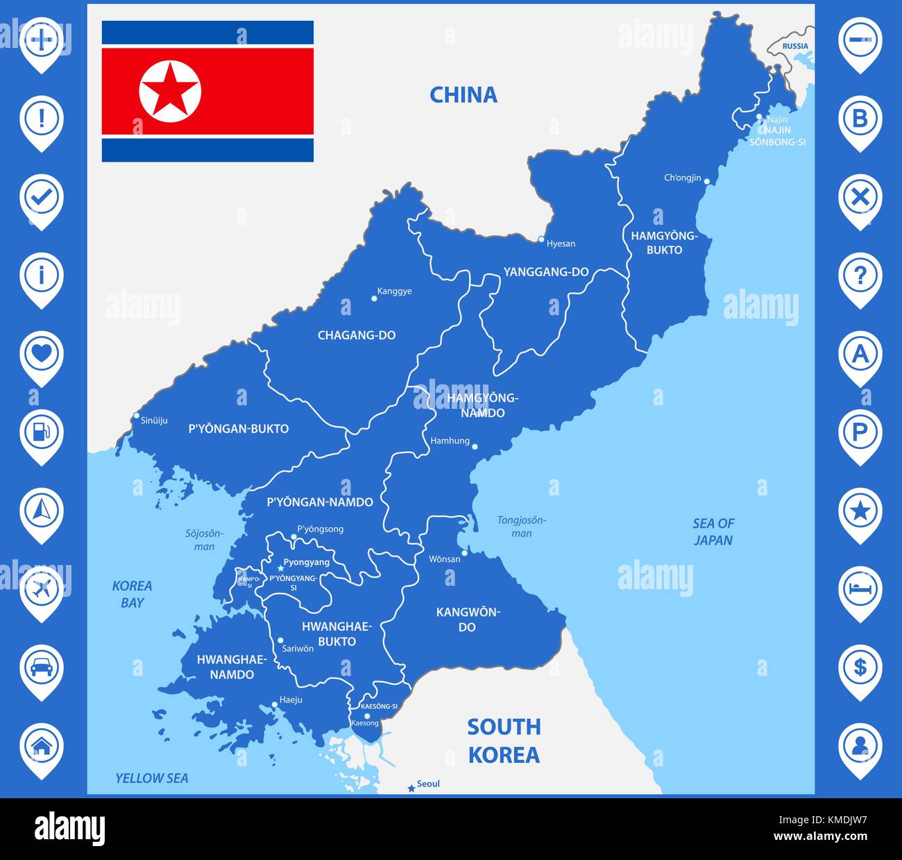 The detailed map of the North Korea with regions or states and cities, capital. Included part of China, Russia, South Korea Stock Vector