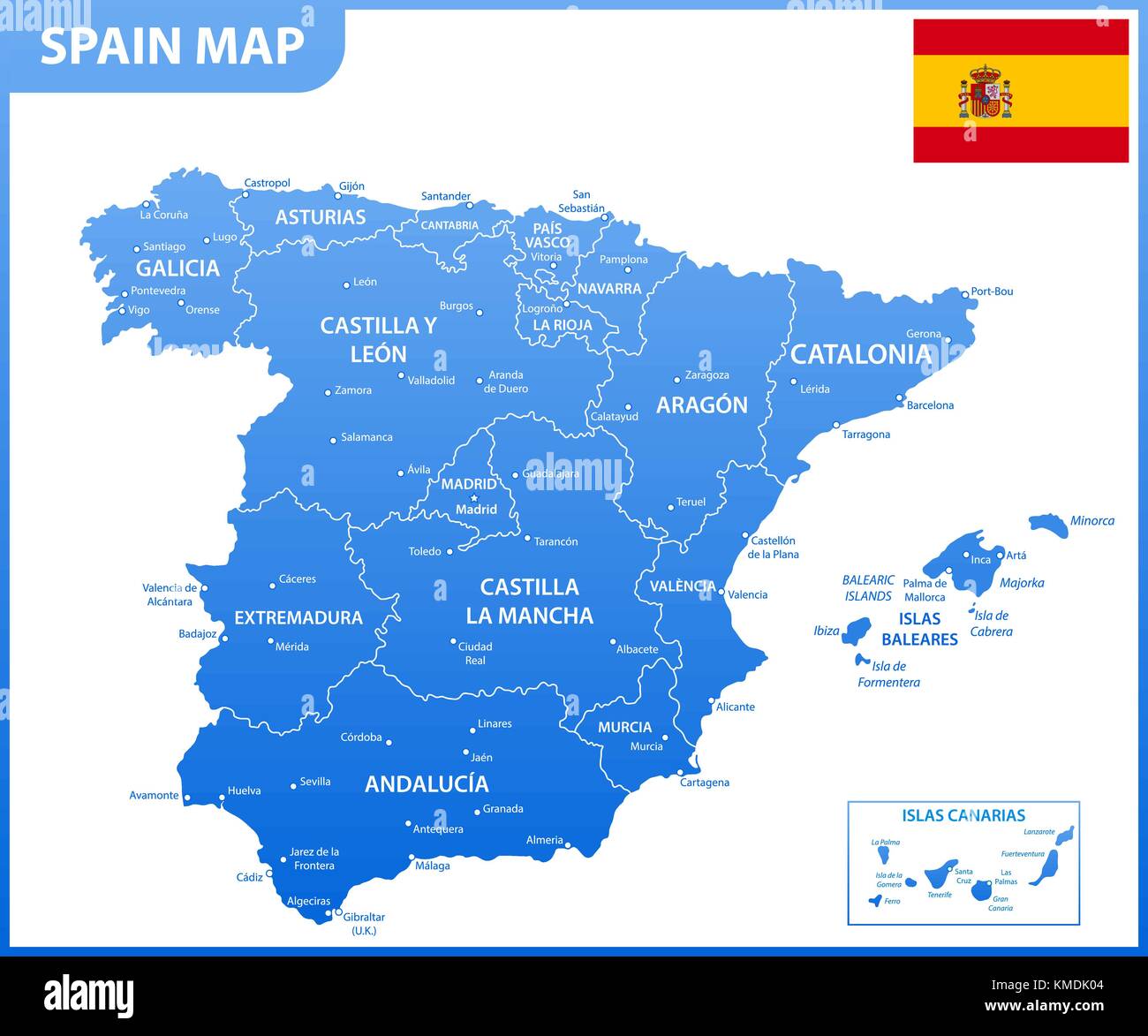 The detailed map of the Spain with regions or states and cities, capitals, national flag Stock Vector