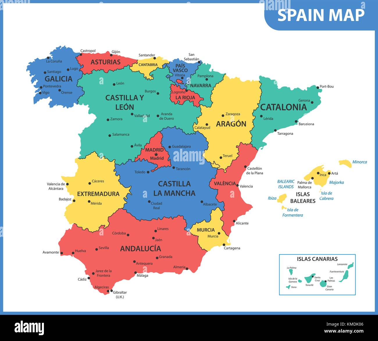 The detailed map of the Spain with regions or states and cities, capitals Stock Vector