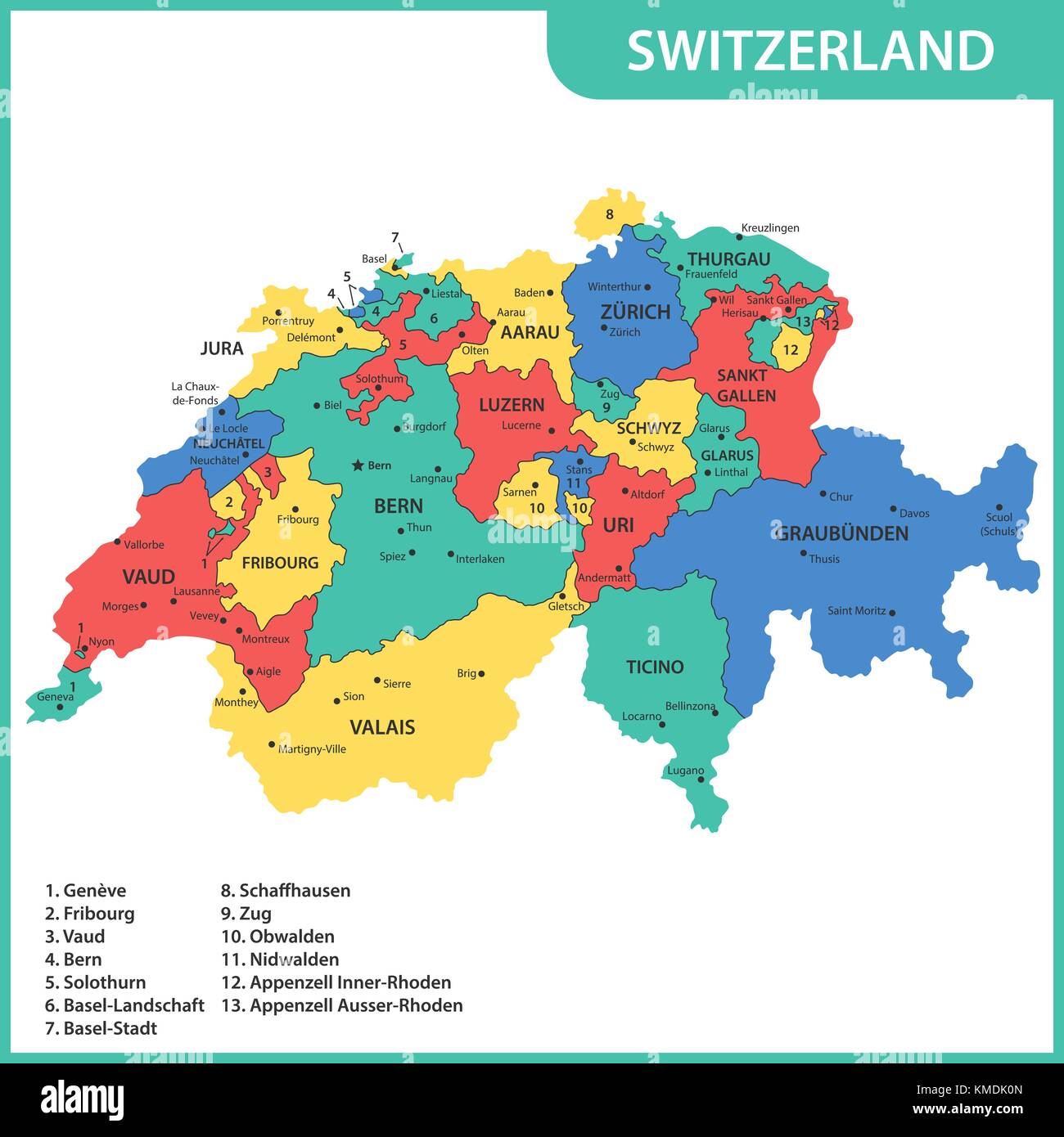 The detailed map of the Switzerland with regions or states and cities