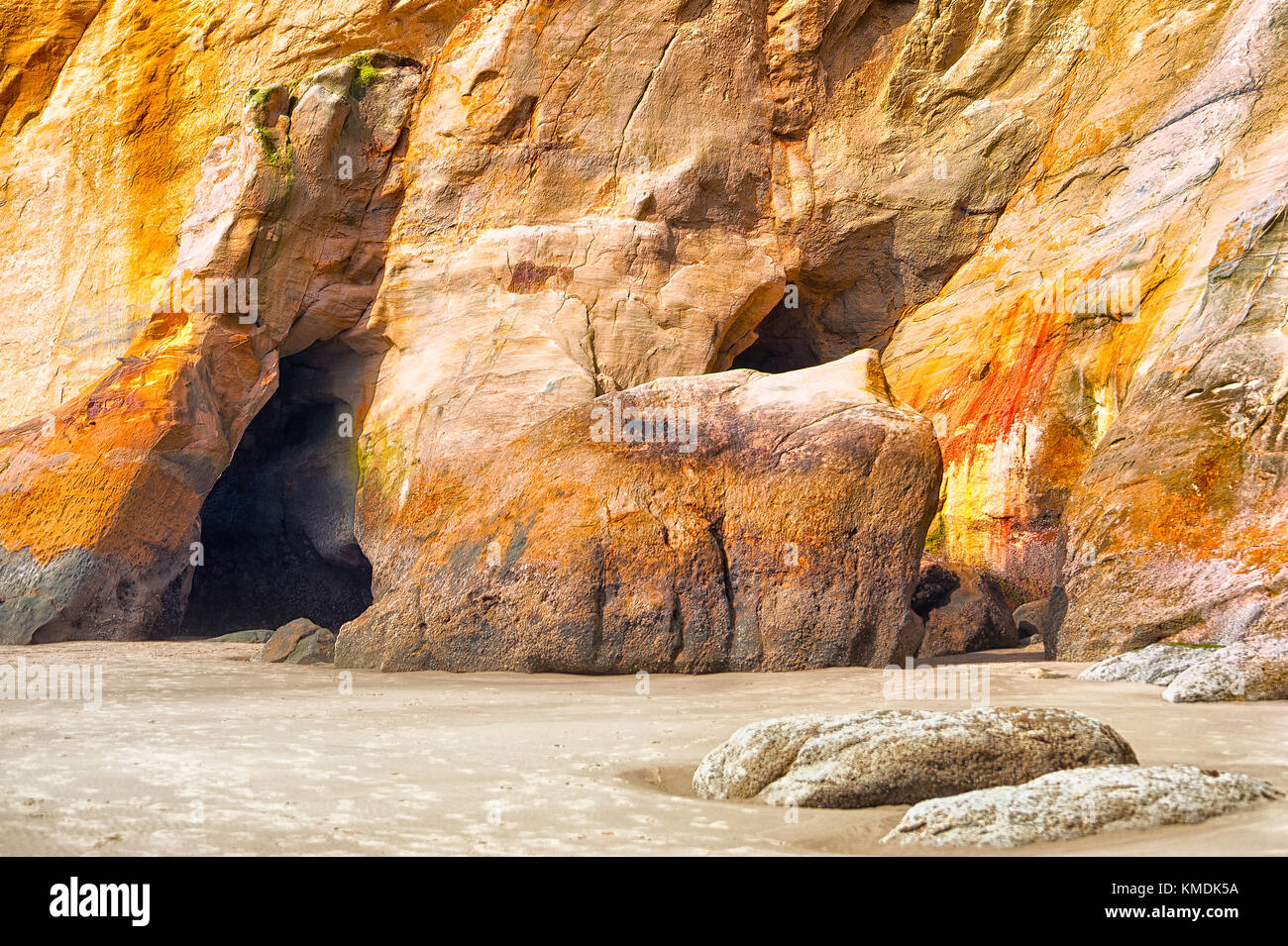 Carved by the returning tides of the Pacific Ocean, these geological sandstone features at Cape Kiwanda in Pacific City on the Oregon Coast are a grea Stock Photo