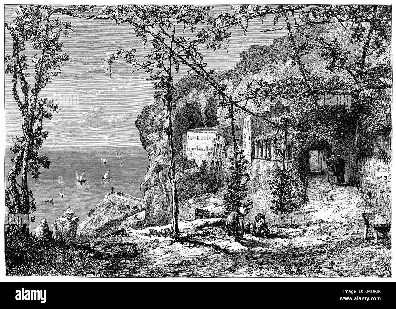 19th century wood engraving of Amalfi in Italy. From an illustration by R.P. Leitch. Stock Photo