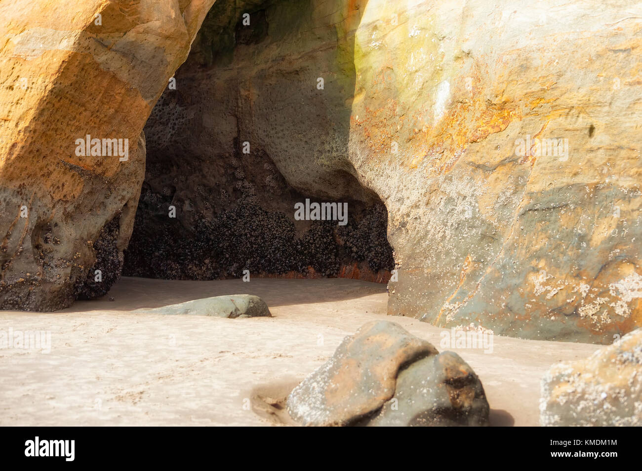 Created by wind and seawater at high tide, this cave like indentation is one of many geological features found at Cape Kiwanda on the Oregon Coast at  Stock Photo
