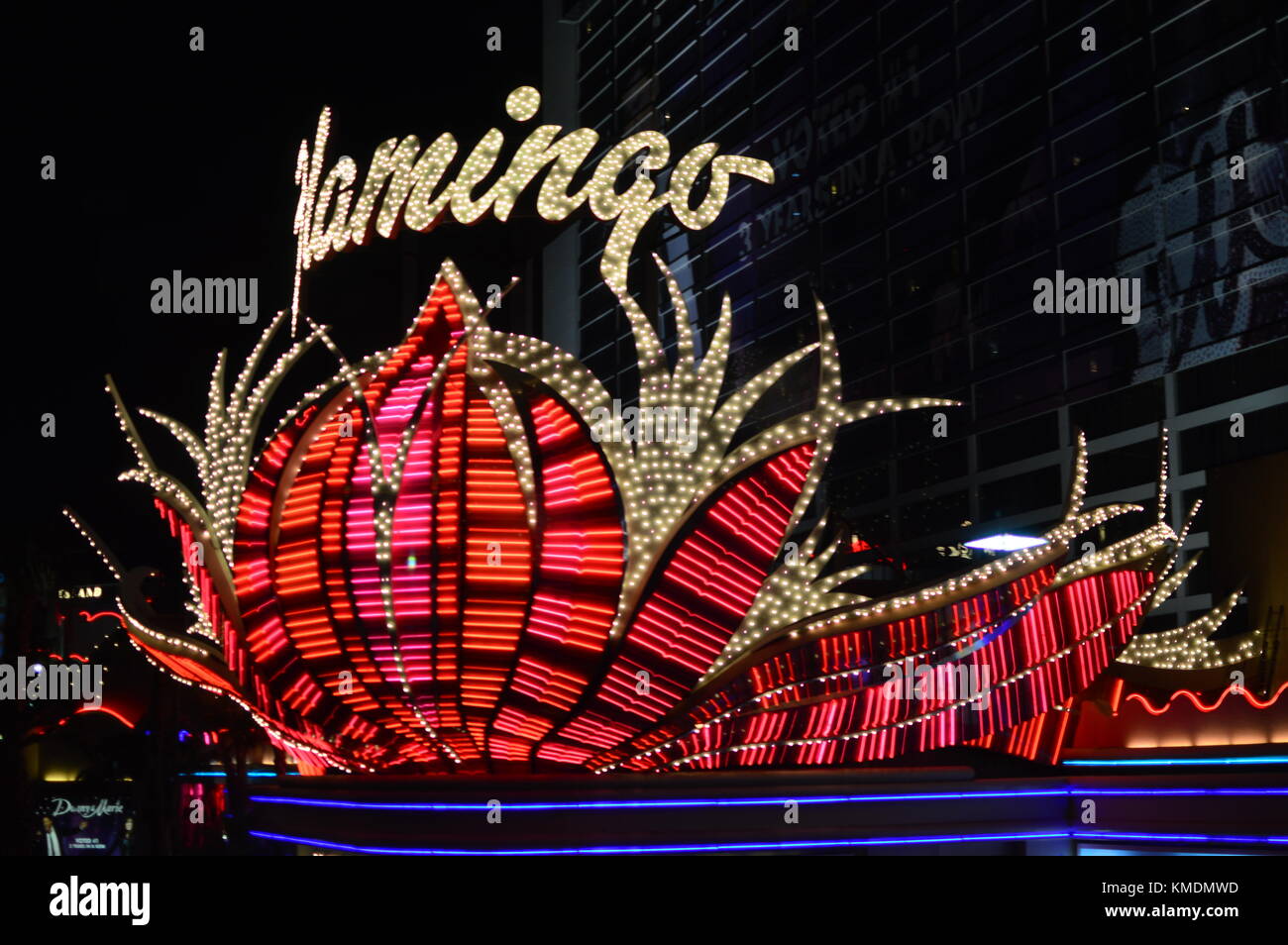 Flamingo casino / hotel entrance with logo and neon light during nighttime on the world famous Las Vegas Strip, Nevada, United States of America. Stock Photo