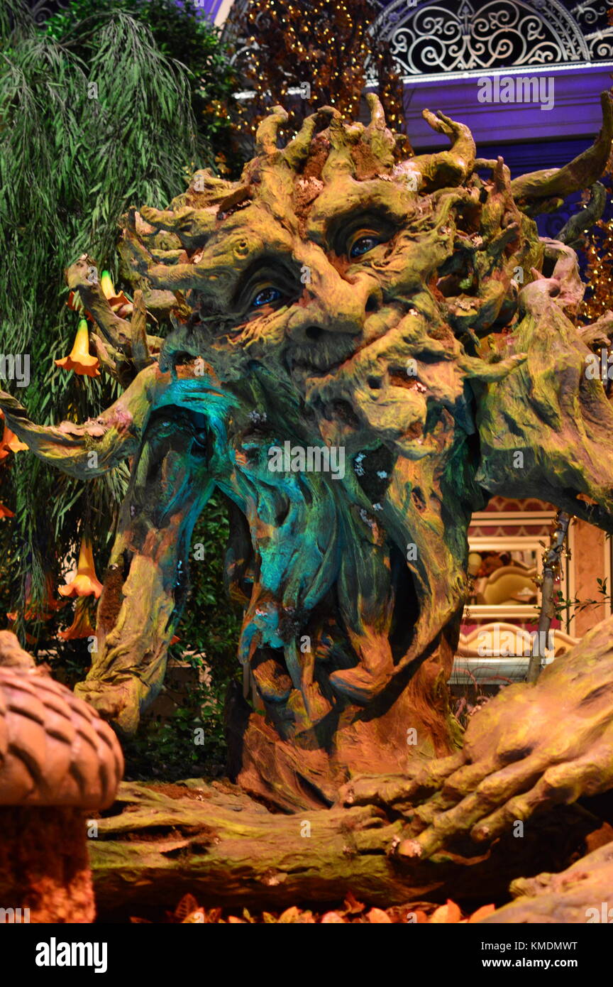 Flower decoration in the form of tree man for fall in big casino the Bellagio on the world famous Las Vegas Strip, Nevada, United S Stock Photo