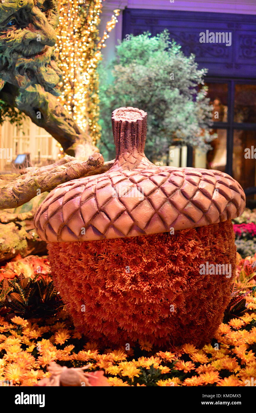 Flower decoration in the form of an acorn for fall in big casino the Bellagio on the world famous Las Vegas Strip, Nevada, United States of America. Stock Photo