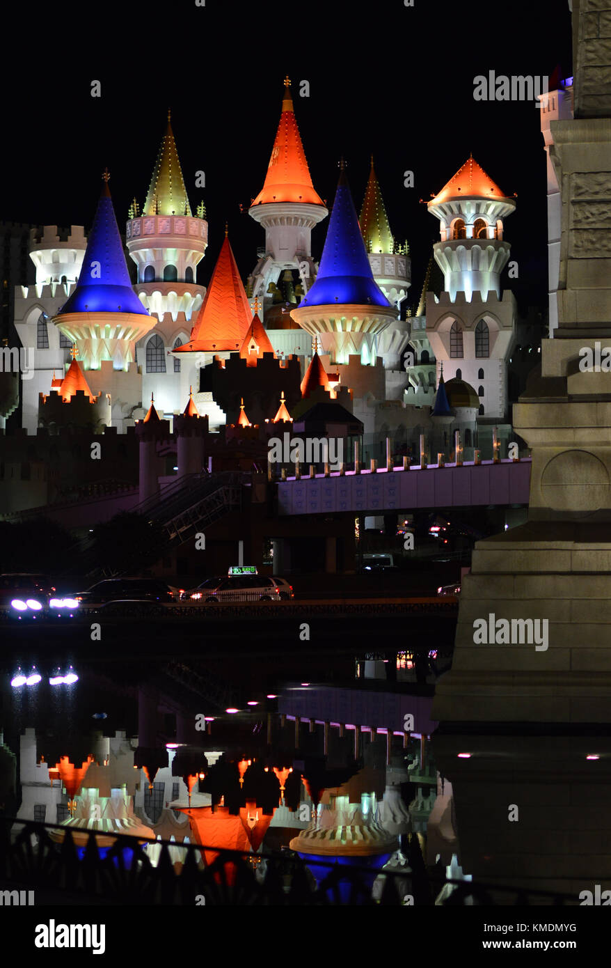 Excalibur casino with reflection in water. Big casino's on the world famous Las Vegas Strip, Nevada, United States of America. Stock Photo