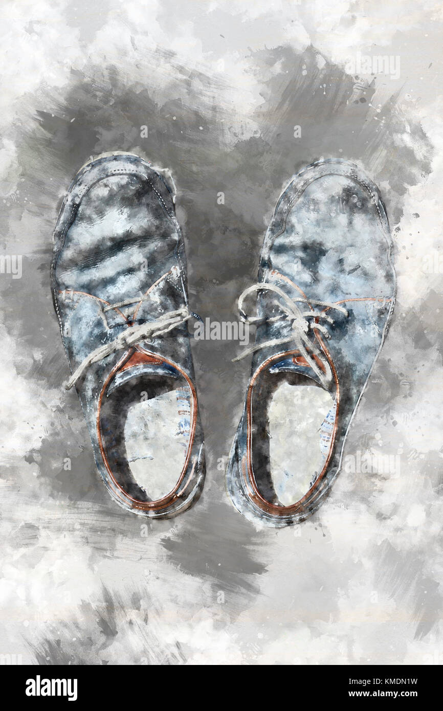 Painterly illustration of a pair of old blue-grey leather lace-up shoes Stock Photo