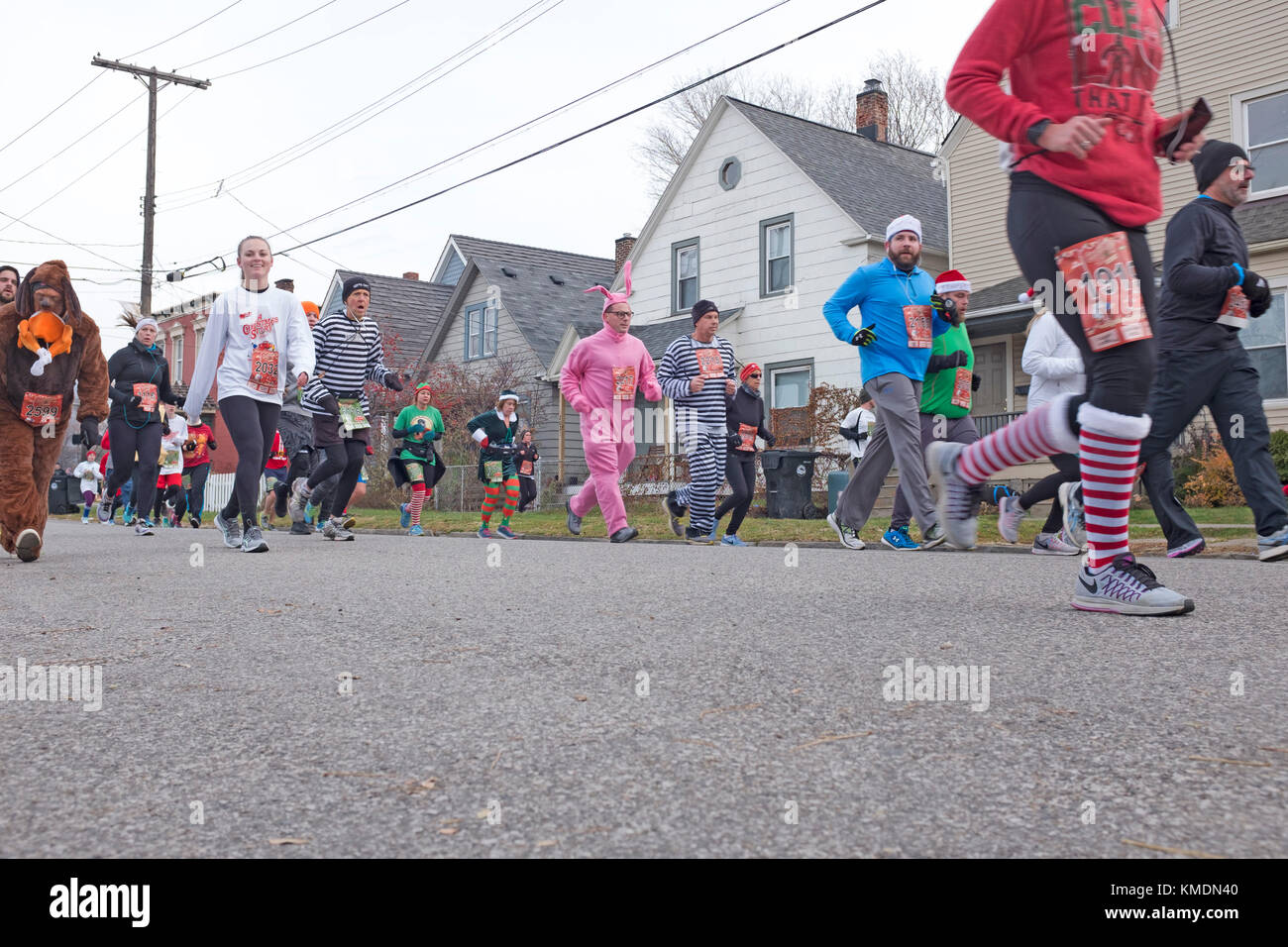 The 2017 annual 'A Christmas Story' 5k/10k fun run makes its way through the streets near downtown Cleveland, Ohio, USA. Stock Photo