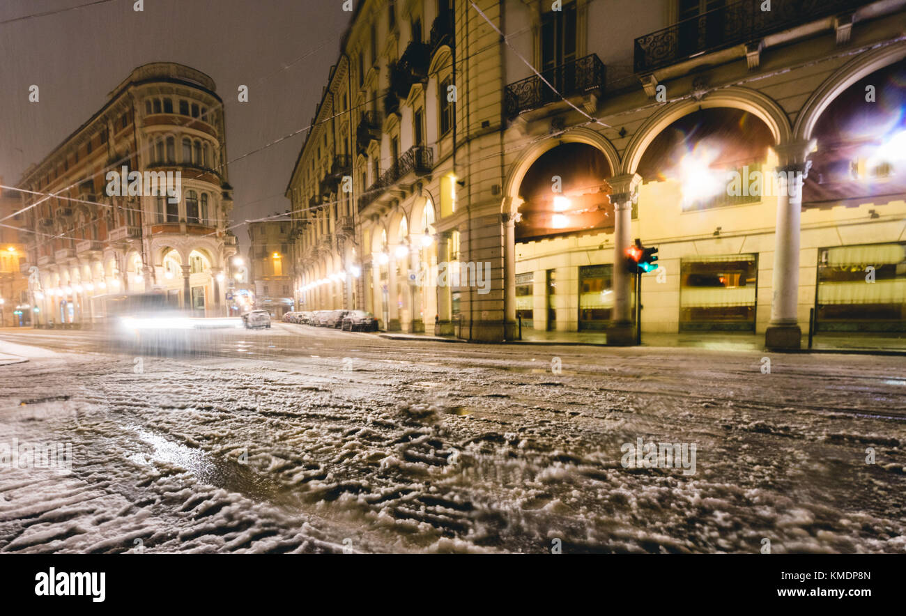 Winter cityscape with snow and cold streets in Turin Italy Stock Photo