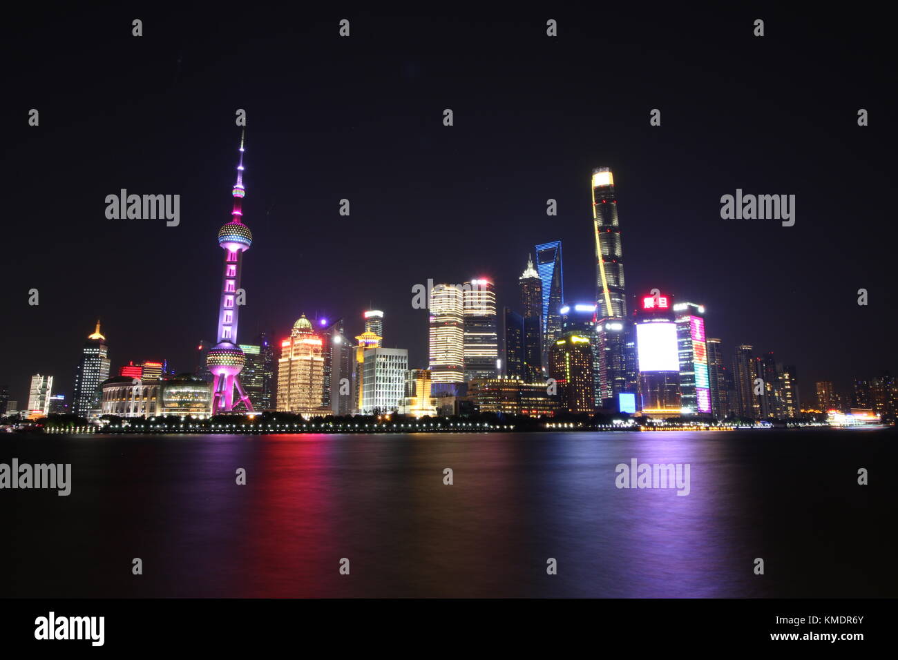 Shanghai is the biggest city from China, in this picture i captured the Bund, Huangpu River, Oriental Pearl Tower and the beautiful city lights Stock Photo