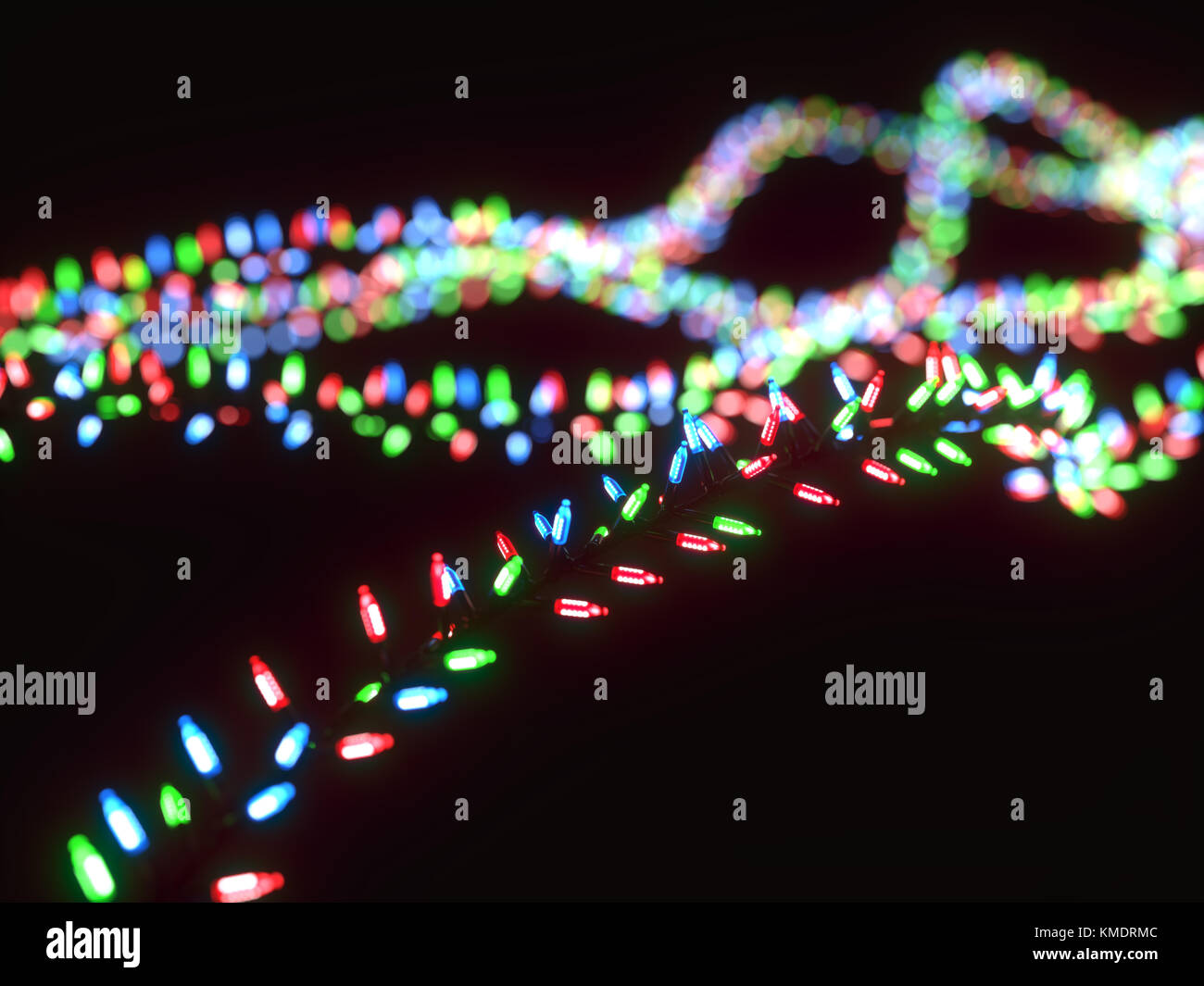 Festive garlands led lights red green blue on black. 3d rendering; 3d ...