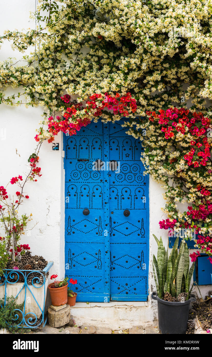 Blue door with traditional ornament as symbol of Sidi Bou Said and ...