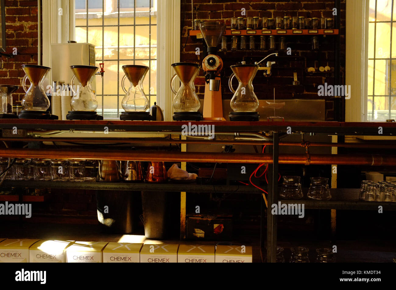 Coffee brewing inside the Revolver Cafe in Vancouver. Stock Photo