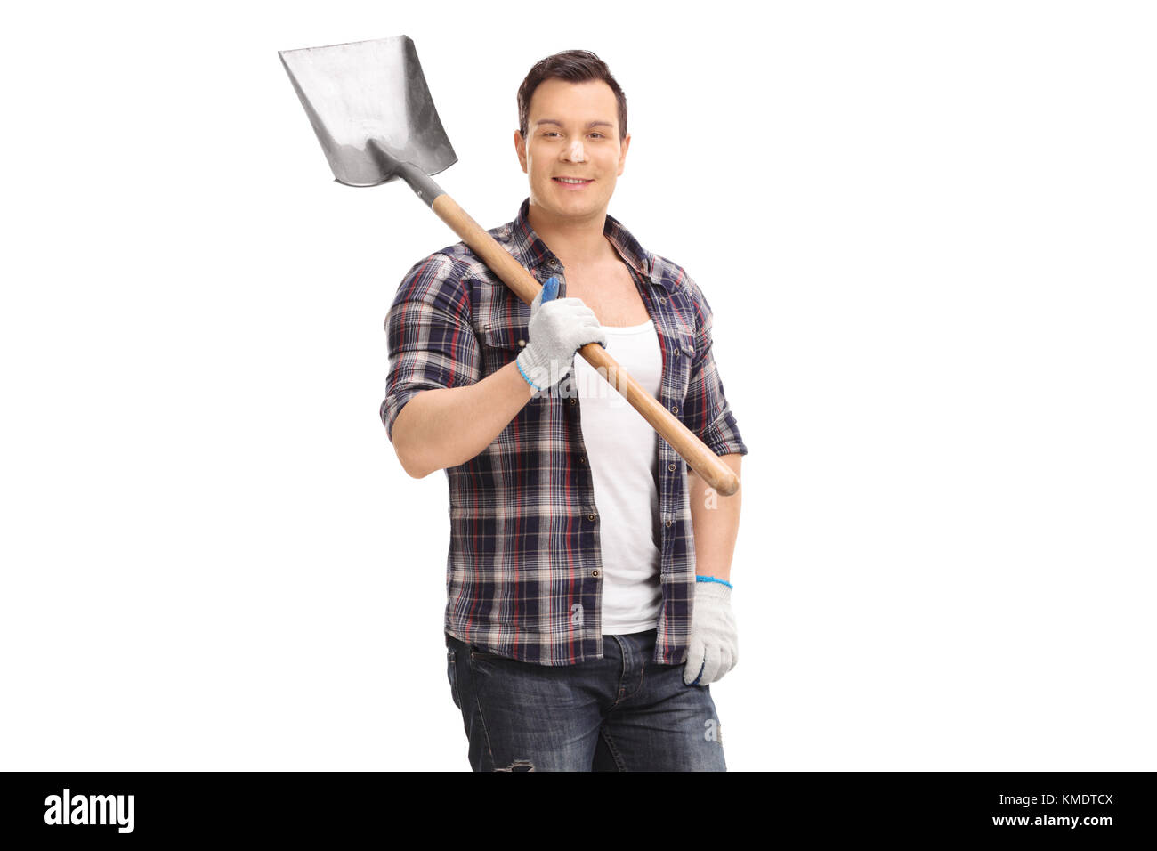 Gardener with a shovel isolated on white background Stock Photo