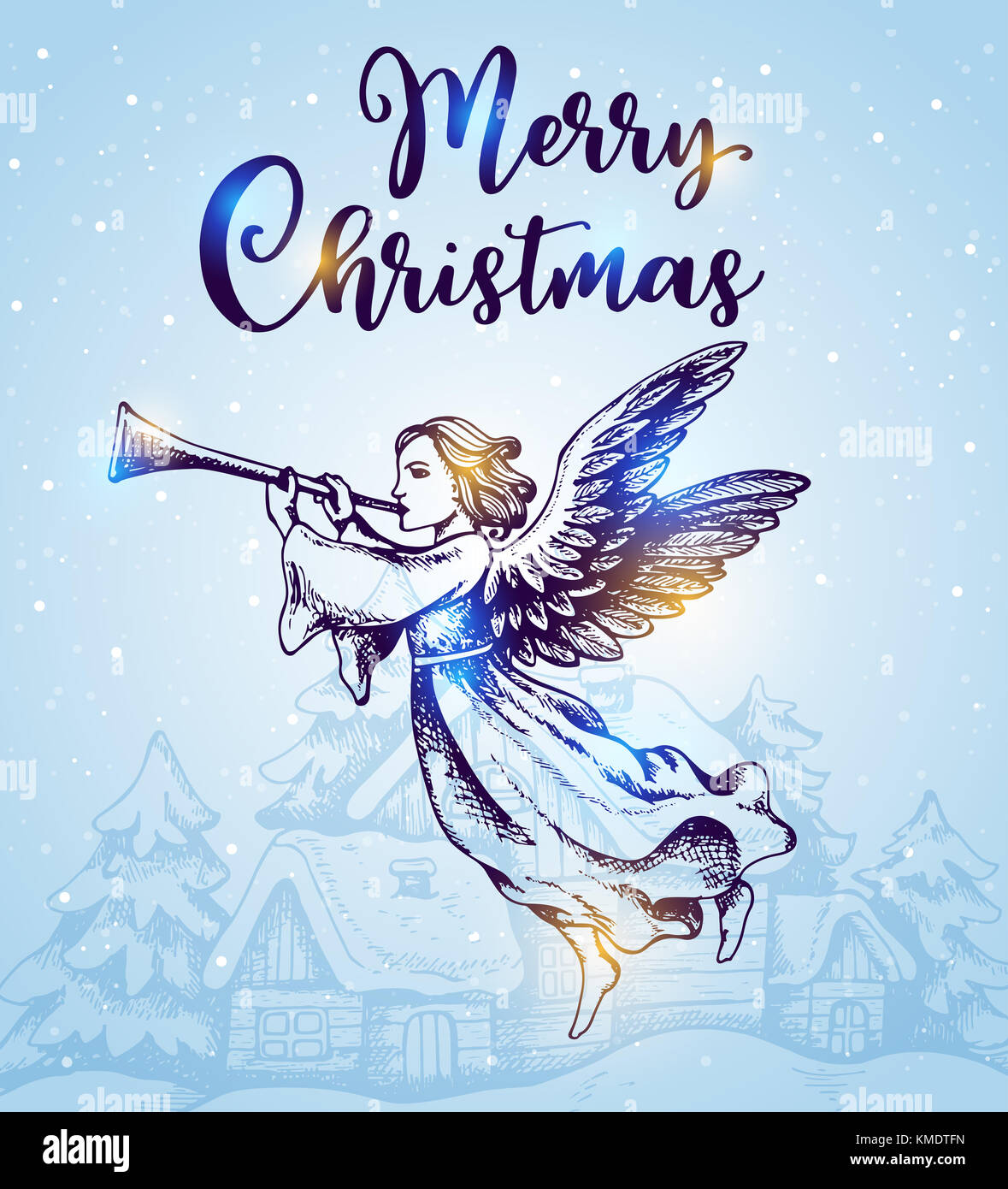 Christmas angel flies over houses and blows into the trumpet Hand